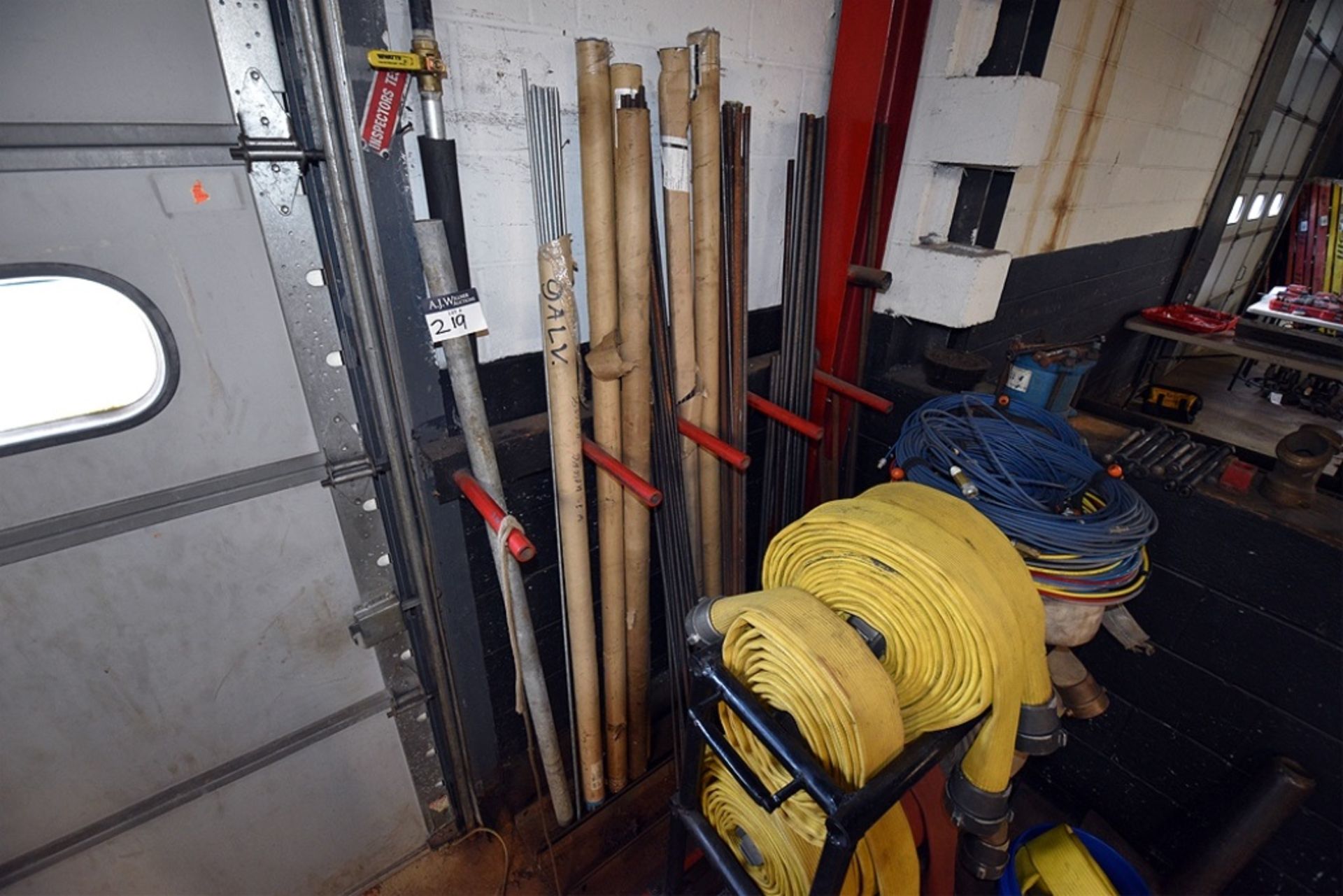 Contents On Cart, Work Table, and on 2 Shelving Units: Threaded Rods, 50' Fire Hoses, Ass't Pipe Fit - Image 11 of 15