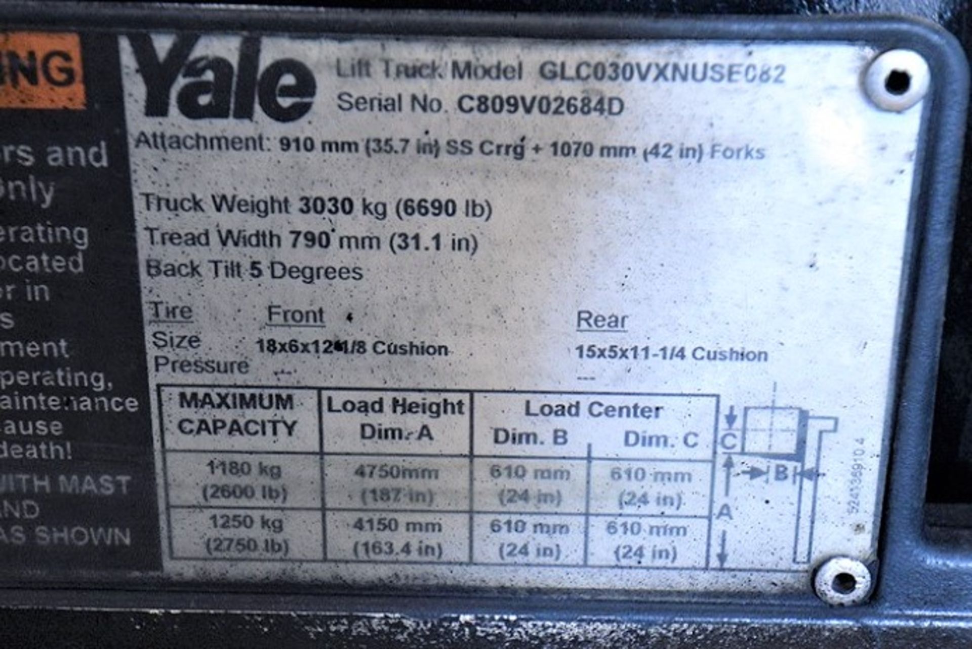 Yale Model GLC030VXNUSEC82, 3,000 lbs. Propane Forklift - Image 9 of 9