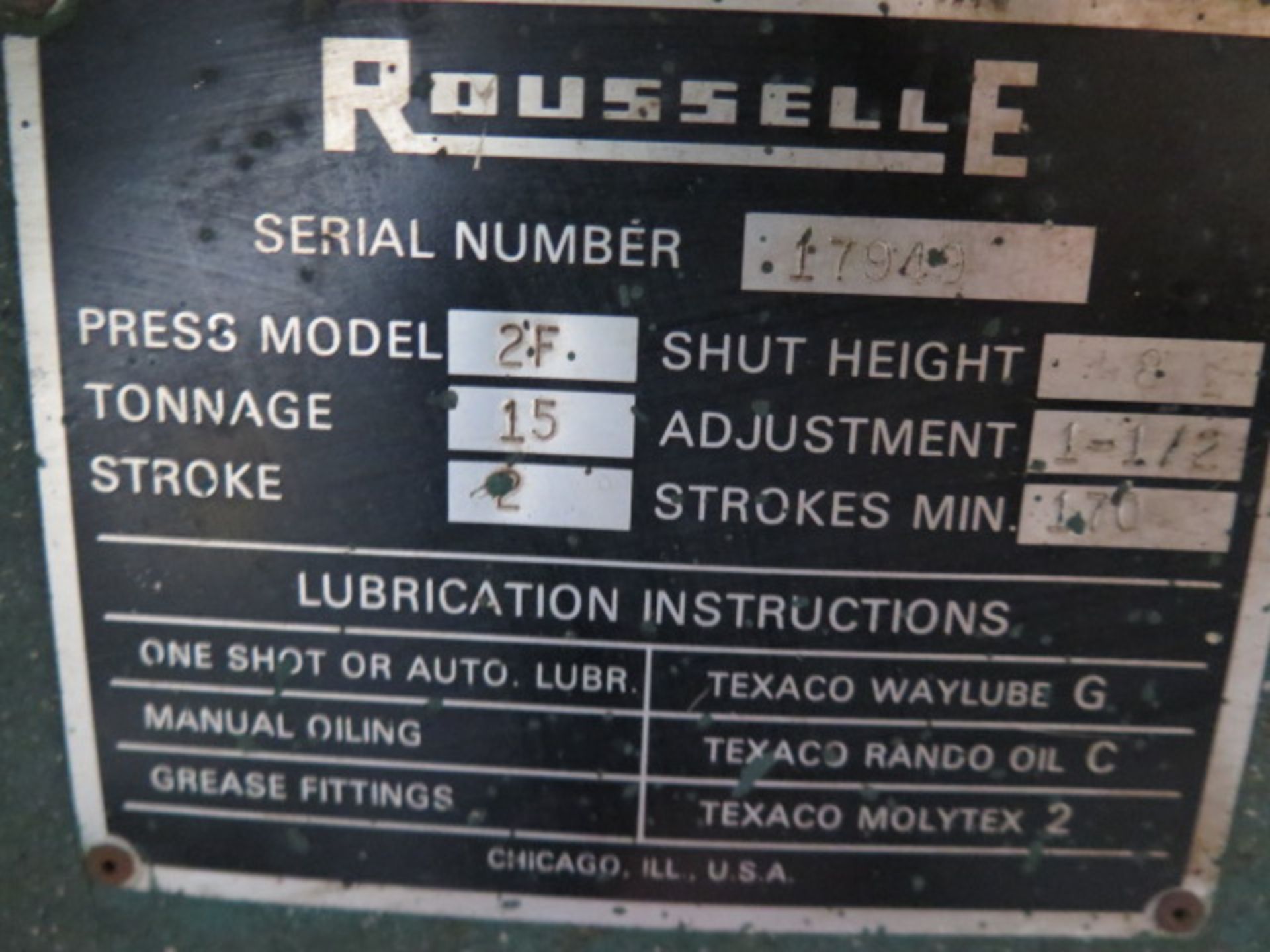 Rousselle mdl. 2F 15 Ton Cap OBI Stamping Press s/n 17949 w/ 170 Strokes/Min, 2” Stroke, 1.5” - Image 7 of 7