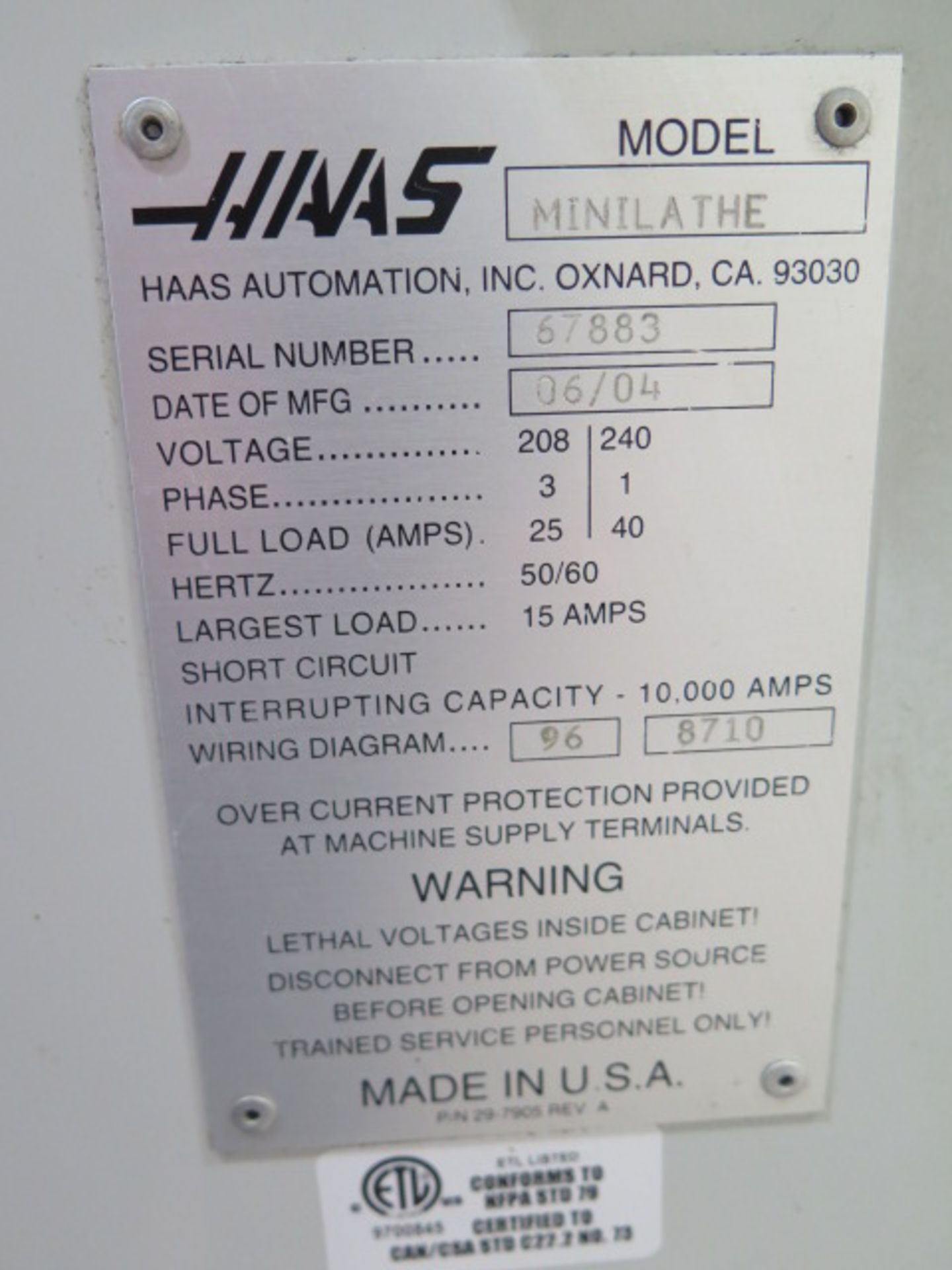 2004 Haas Mini-Lathe CNC Cross Slide Lathe s/n 67883 w/ Haas Controls, 6000 RPM, Haas Vector - Image 10 of 17