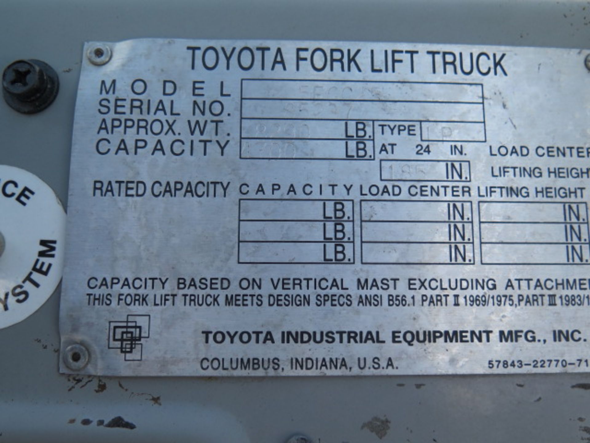 Toyota 5FGC25 5000 Lb Cap LPG Forklift s/n 85237 w/ 3-Stage Mast, 185" Lift Height, Cushion Tires, - Image 10 of 11