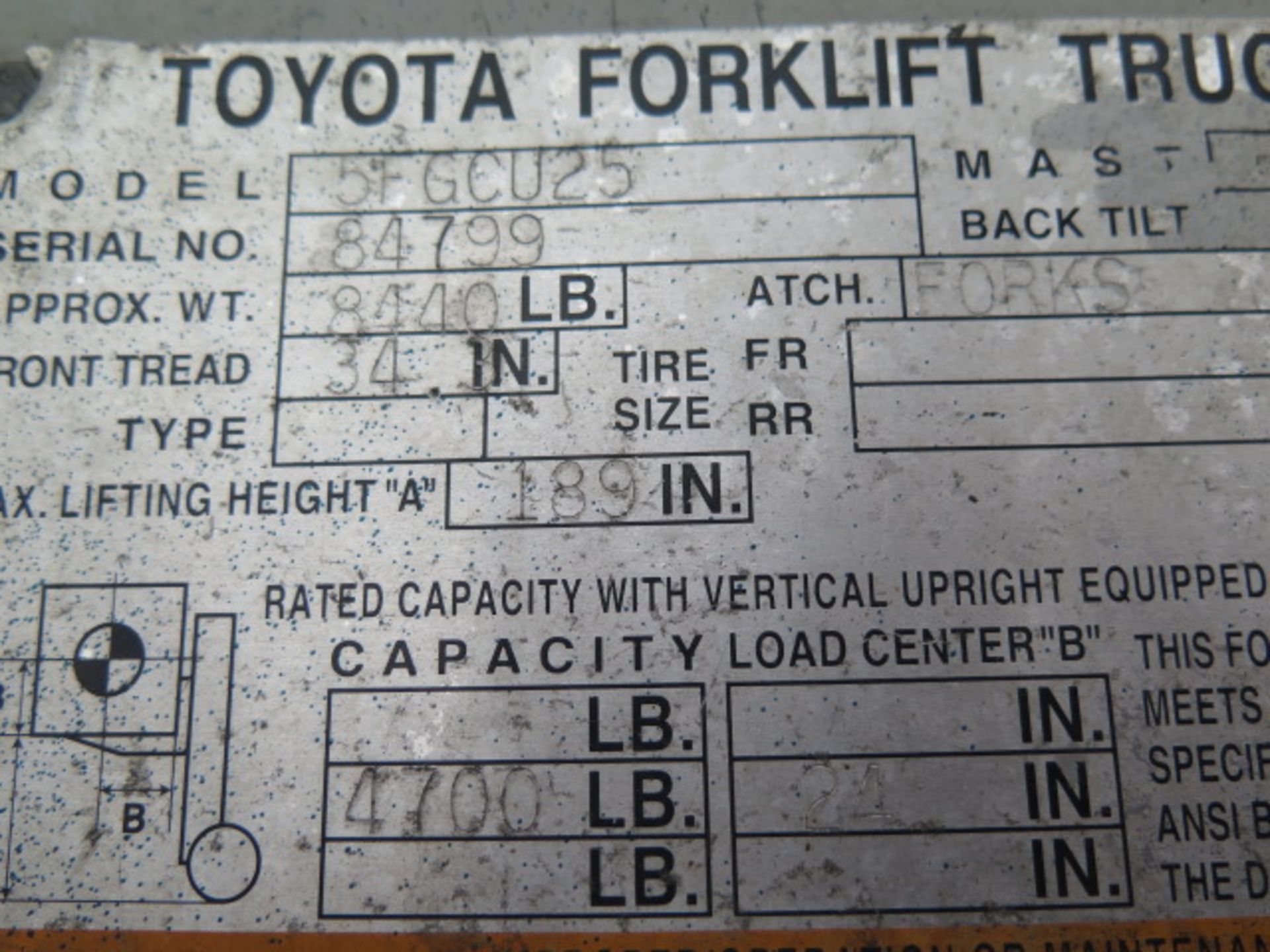 Toyota 5FGCU25 5000 Lb Cap LPG Forklift s/n 84799 w/ 3-Stage Mast, 189" Lift Height, Cushion - Image 10 of 11