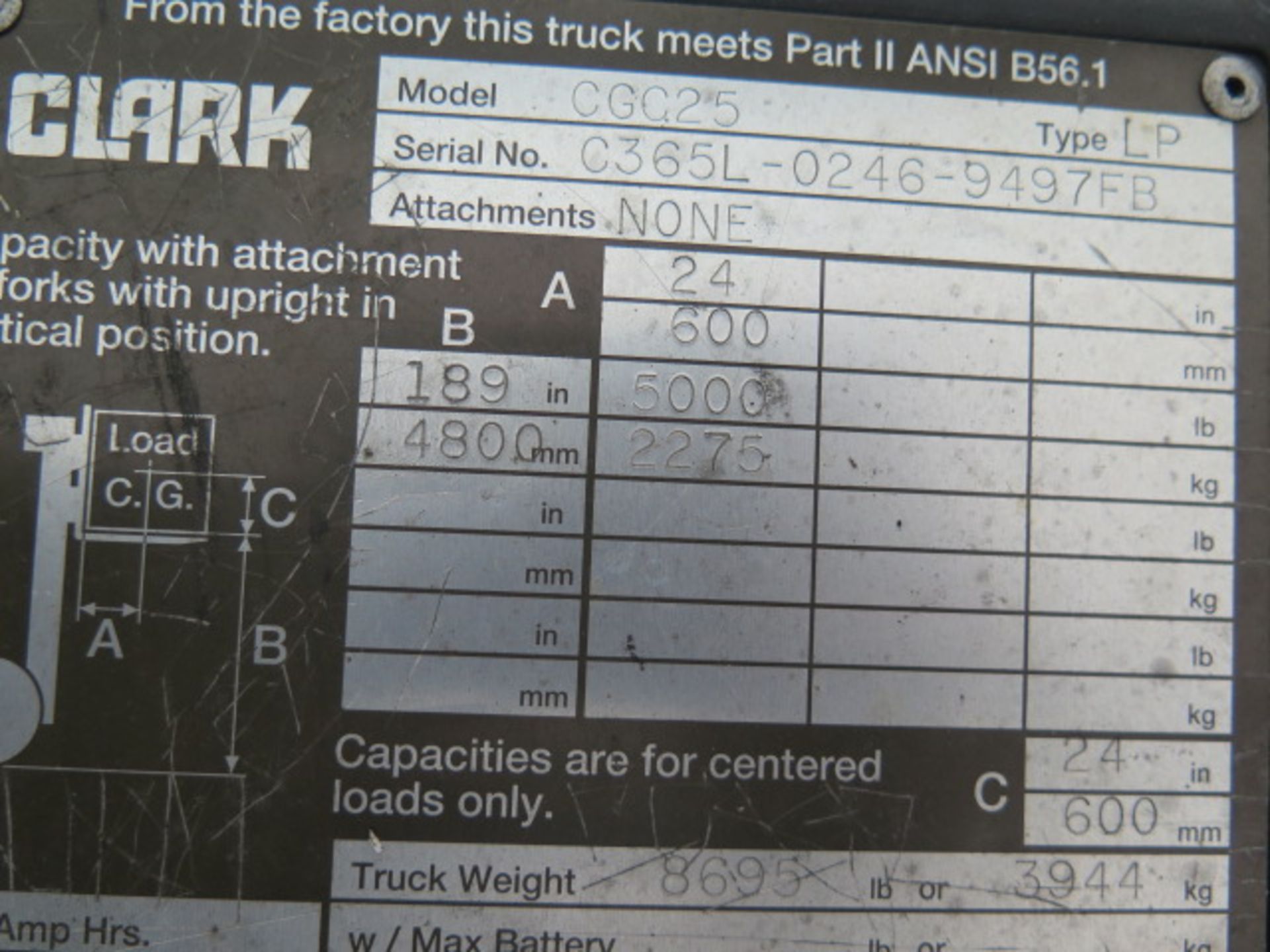 Clark CGC25 5000 Lb Cap LPG Forklift s/n C365L-0246-9497FB w/ 3-Stage Mast, 189” Lift Height, - Image 10 of 11