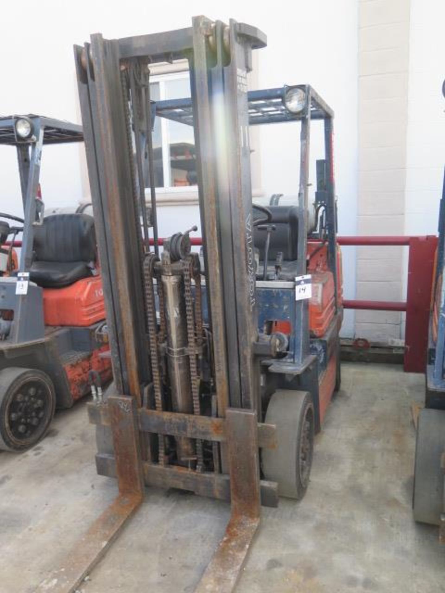 Toyota 5FGC25 5000 Lb Cap LPG Forklift s/n 84755 w/ 3-Stage Mast, 185" Lift Height, Cushion Tires,