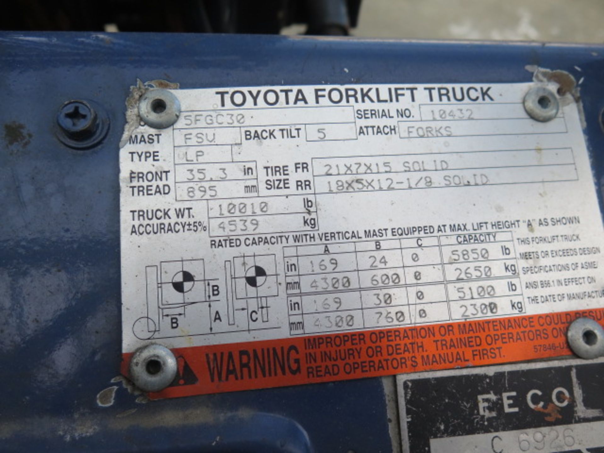 Toyota 5FGC30 6000 Lb Cap LPG Forklift s/n 10432 w/ 3-Stage Mast, 169" Lift Height, Cushion Tires, - Image 10 of 11