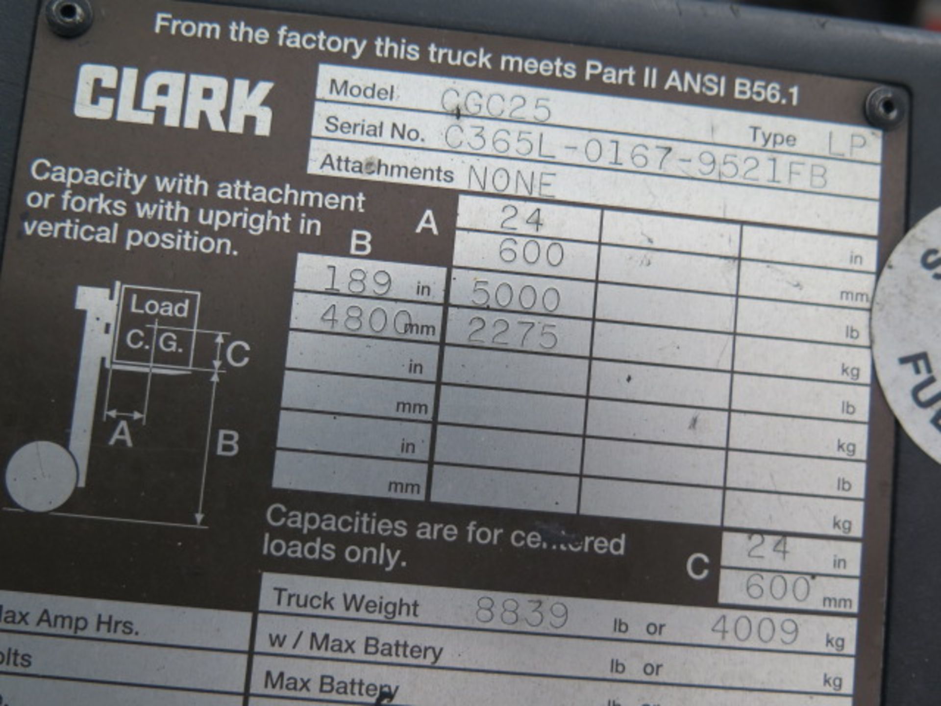 Clark CGC25 5000 Lb Cap LPG Forklift s/n C365L-0167-9521FB w/ 3-Stage Mast, 189” Lift Height, - Image 10 of 11