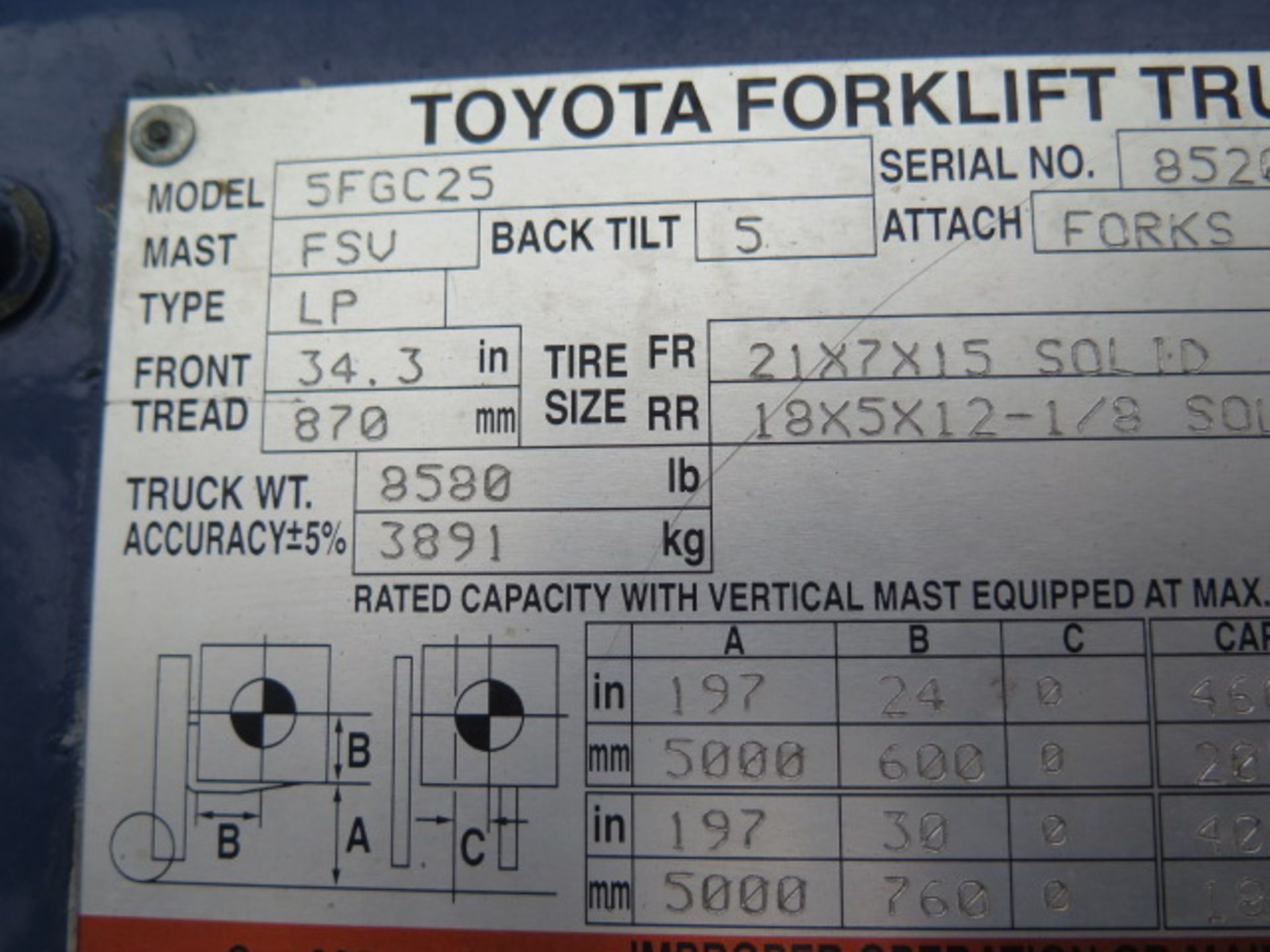 Toyota 5FGC25 5000 Lb Cap LPG Forklift s/n 85208 w/ 3-Stage Mast, 197" Lift Height, Cushion Tires, - Image 10 of 11