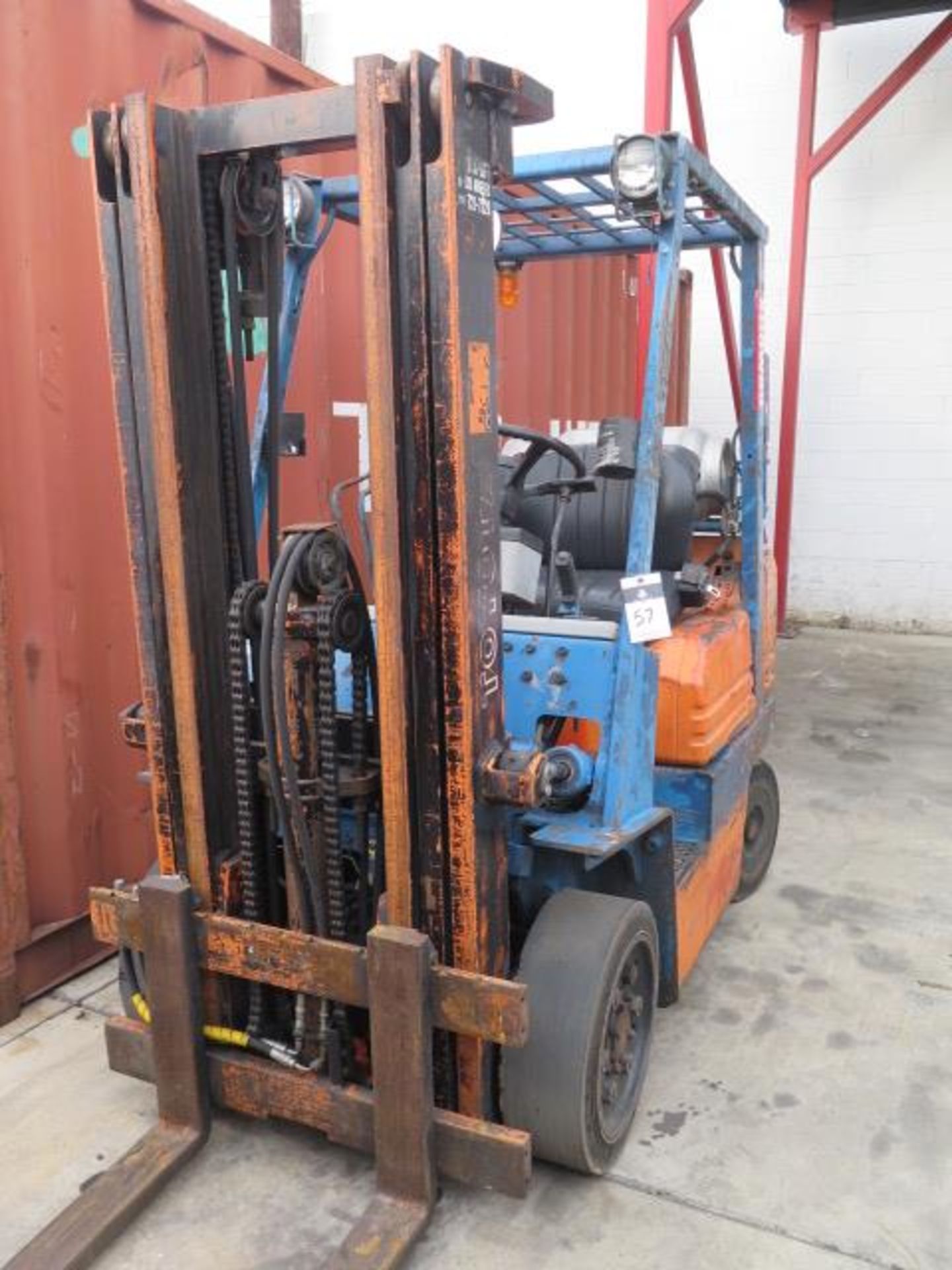 Toyota 5FGC25 5000 Lb Cap LPG Forklift s/n 80467 w/ 3-Stage Mast, 169" Lift Height, Cushion Tires,