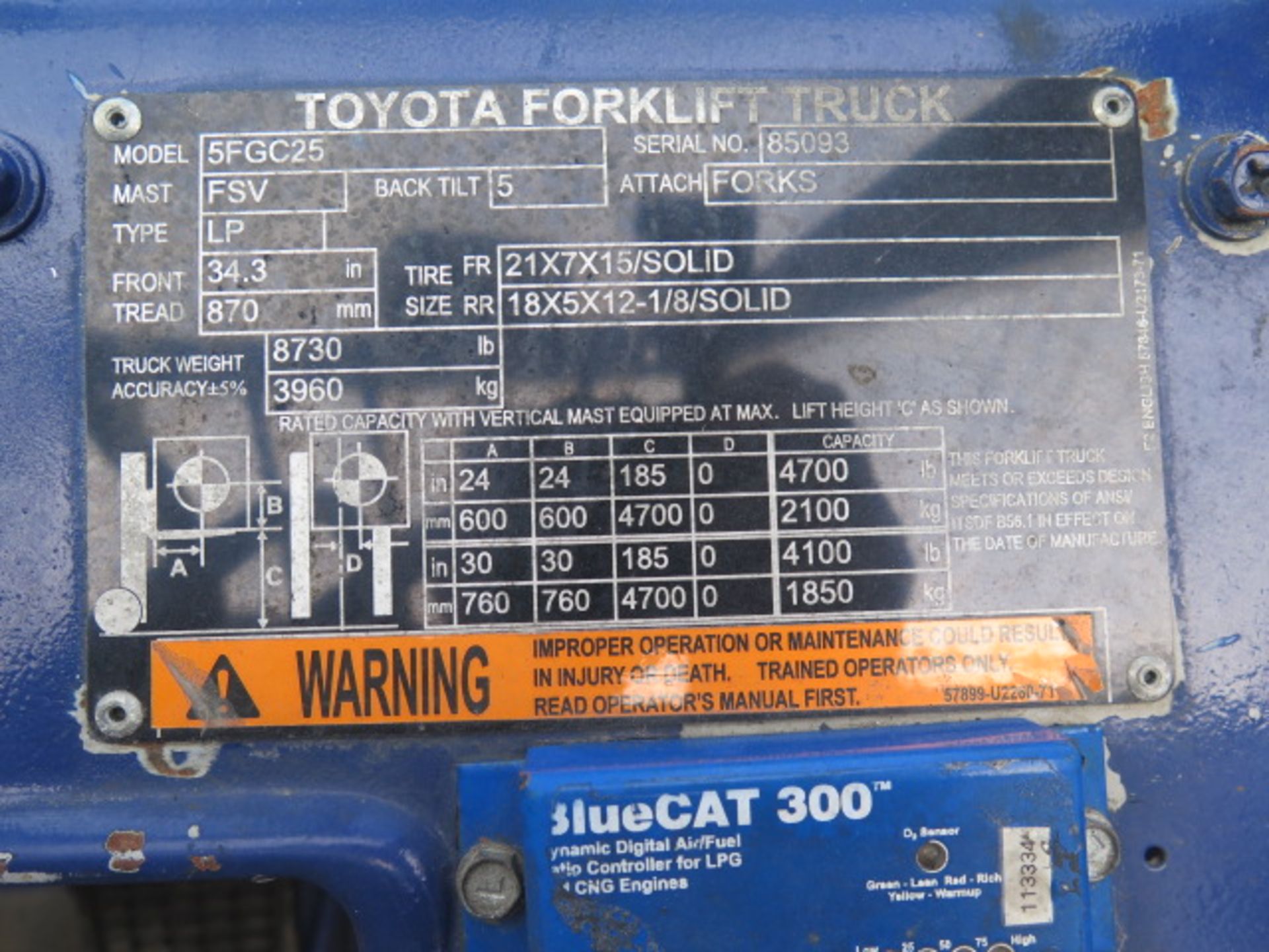 Toyota 5FGC25 5000 Lb Cap LPG Forklift s/n 85093 w/ 3-Stage Mast, 185" Lift Height, Cushion Tires, - Image 10 of 11