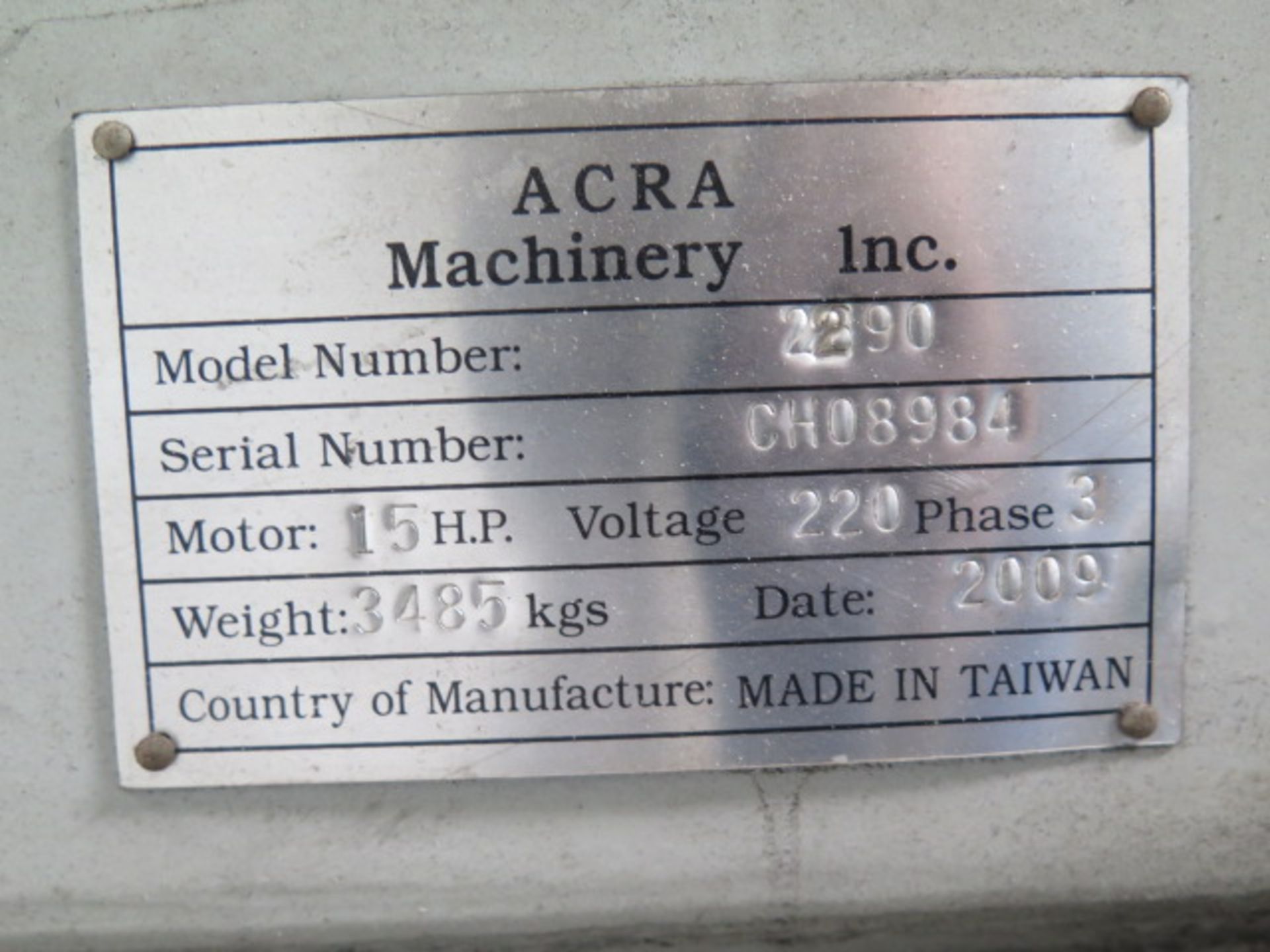 2009 Acra 2290 22" x 90" Geared Head Gap Bed Lathe s/n CH08984 w/ Newall DP700 Programmable DRO, - Image 12 of 12