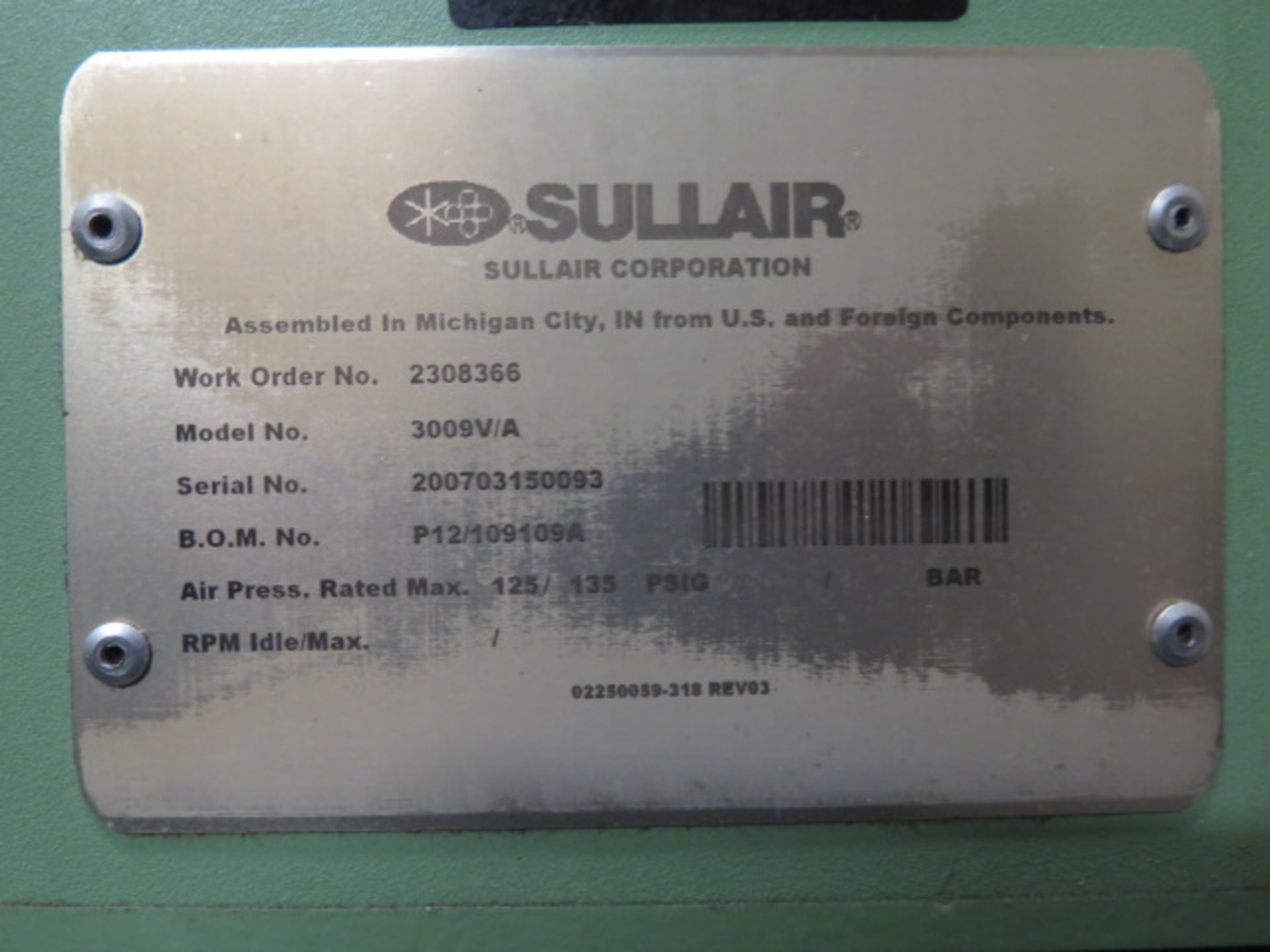 Sullair mdl. 3009VA Rotary Air Compressor s/n 200703150093 w/ Digital Controls, Sullair Refrigerated - Image 5 of 7