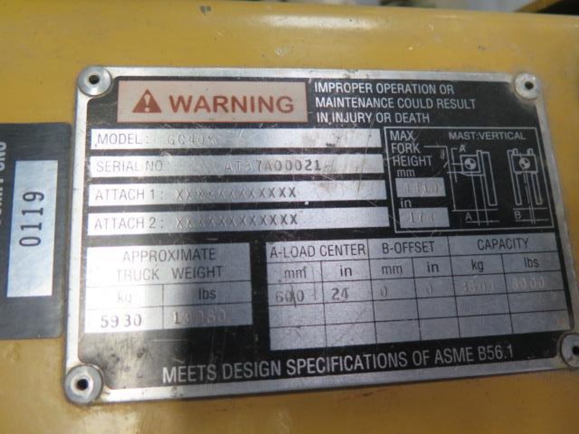 Caterpillar GC40K 8000 Lb Cap LPG Forklift s/n AT87A00021 w/ 3-Stage Mast, 174” Lift Height, Side - Image 13 of 14