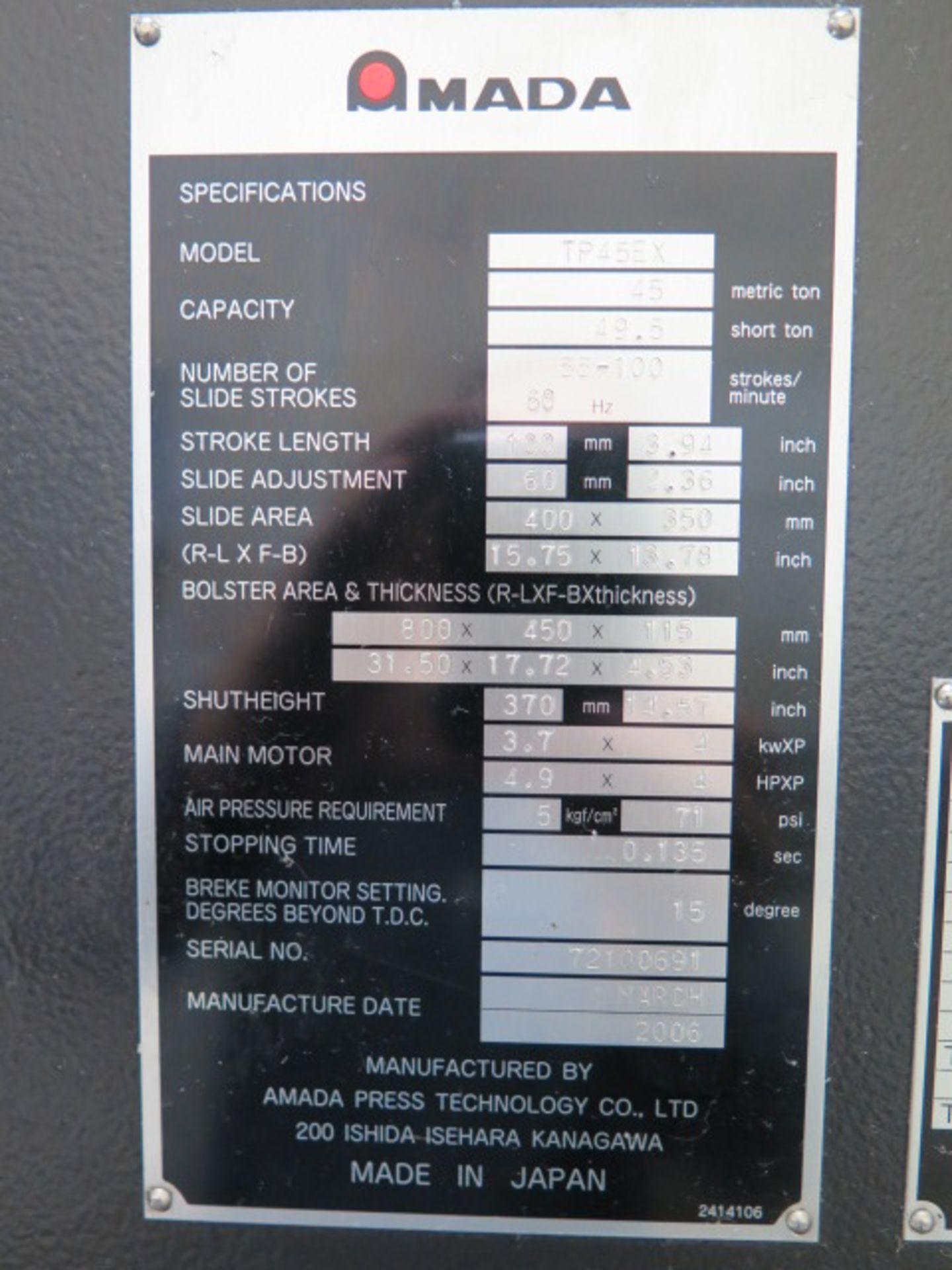 2006 Amada TP45EX 45 Metric Ton (49.5 Short Ton) Hydraulic Press s/n 72100691 SOLD AS IS - Image 14 of 14