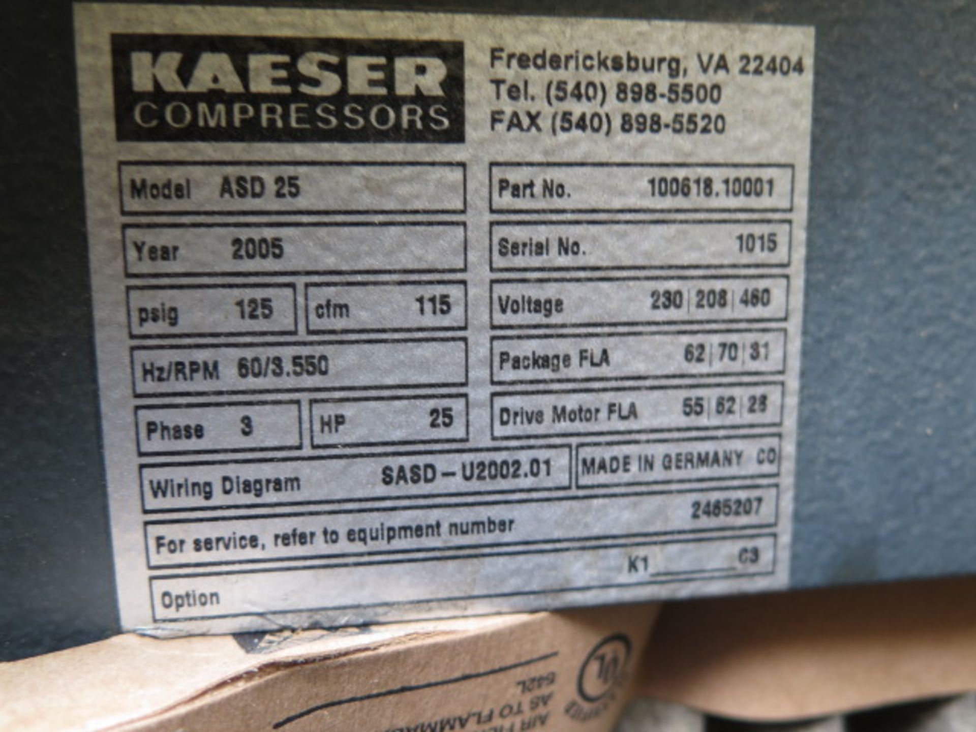 2005 Kaeser ASD25 25Hp Rotary Air Compressor s/n 1015 w/ Kaeser Sigma Digital Controls, 115 CFM @ - Image 5 of 9