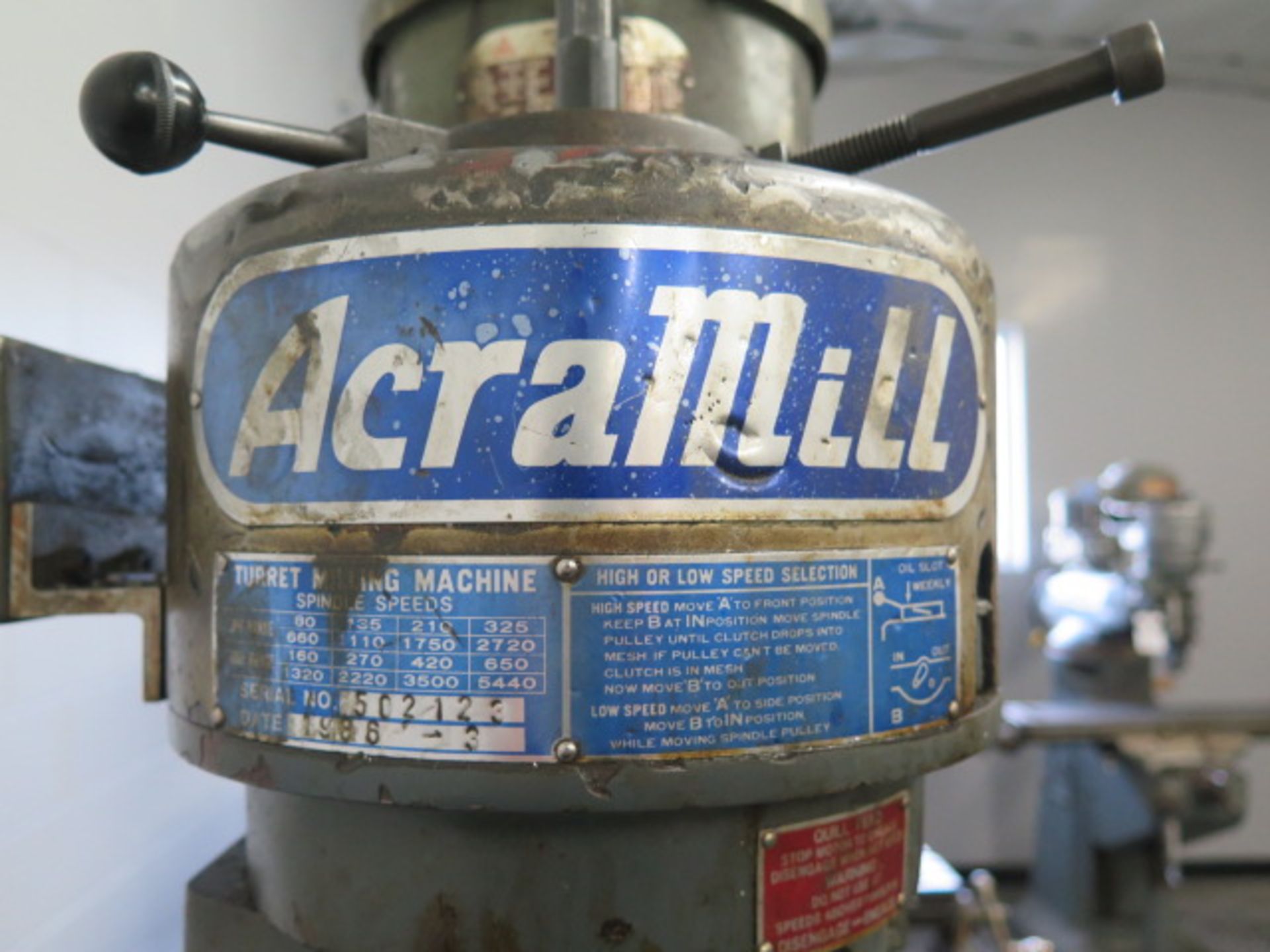 Acramill Vertical Mill s/n 502123 w/ 2Hp Motor, 80-5440 RPM, 16-Speeds, Chrome Ways, 9” x 42” Table - Image 3 of 8