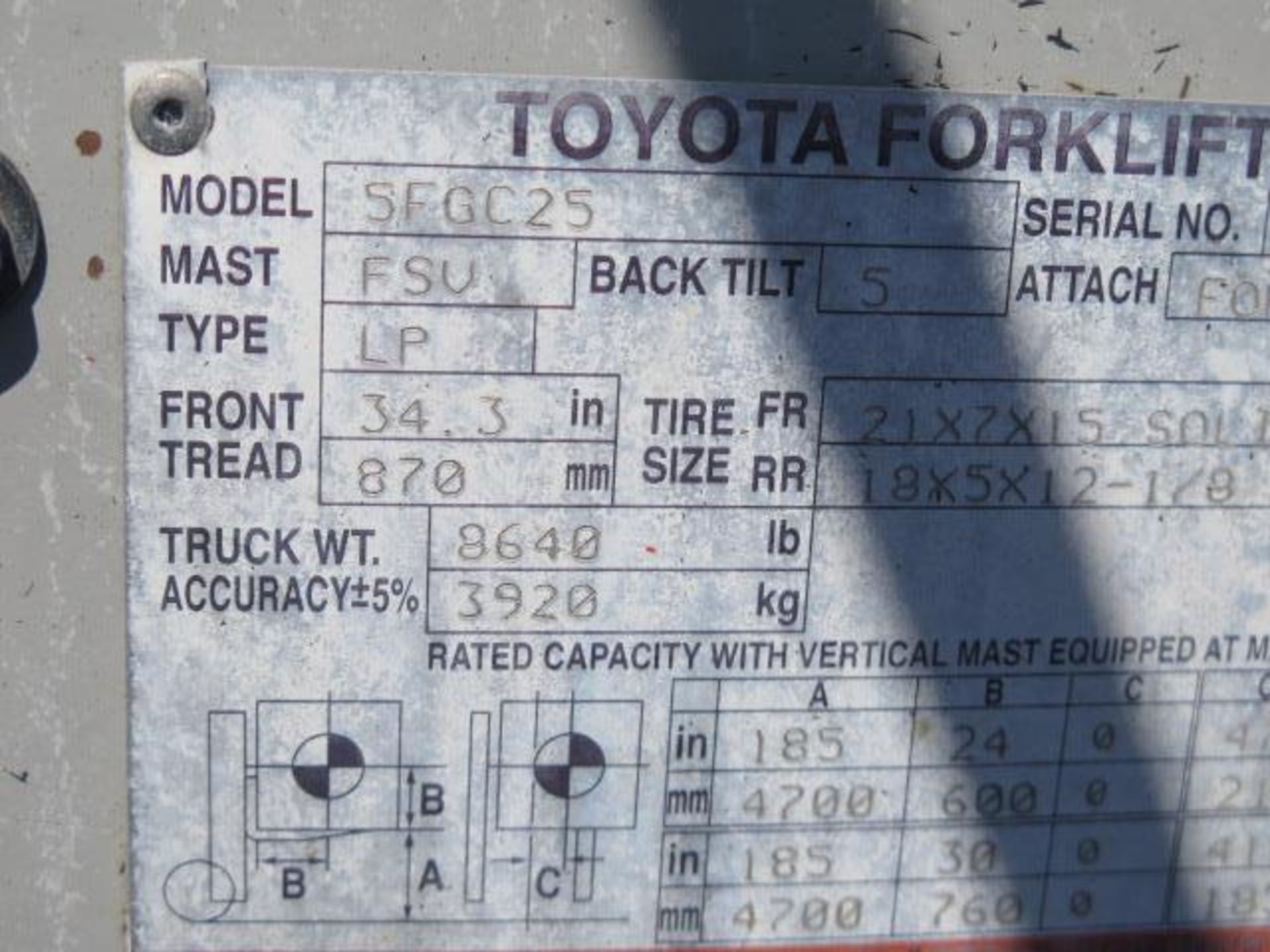 Toyota 5FGC25 5000 Lb Cap LPG Forklift s/n 85256 w/ 3-Stage Mast, 185" Lift Height, Cushion Tires, - Image 12 of 12