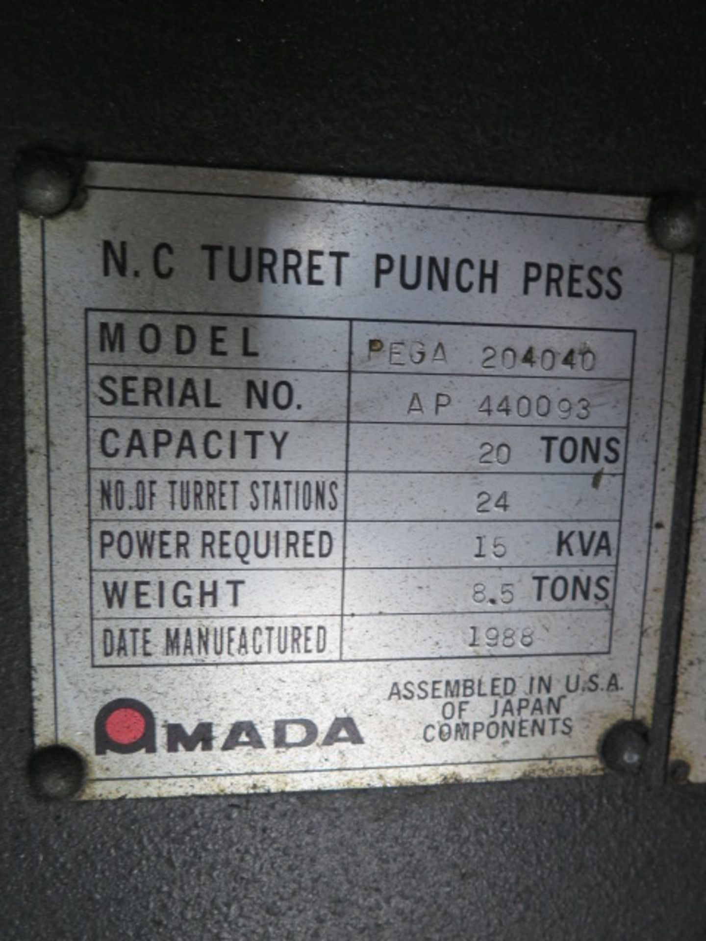 1988 PEGA 204040 20 Ton 24-Station CNC Turret Punch Press s/n AP440093 w/ Amada-Fanuc-P Controls, - Image 17 of 26