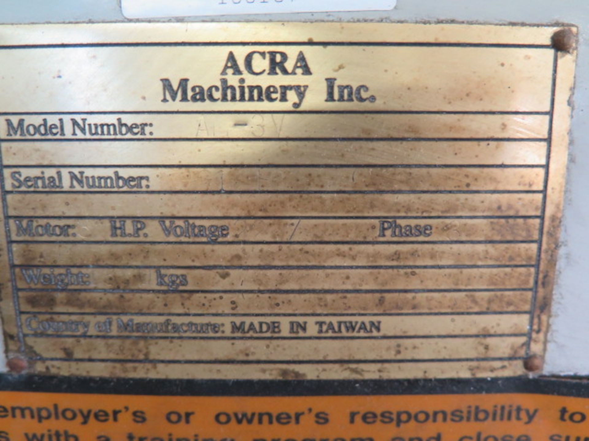 Acra AM-3 Vertical Mill s/n 961819 w/ Sargon 3-Axis DRO, 3Hp Motor, 60-4200 Dial RPM, Sold AS IS - Image 13 of 13