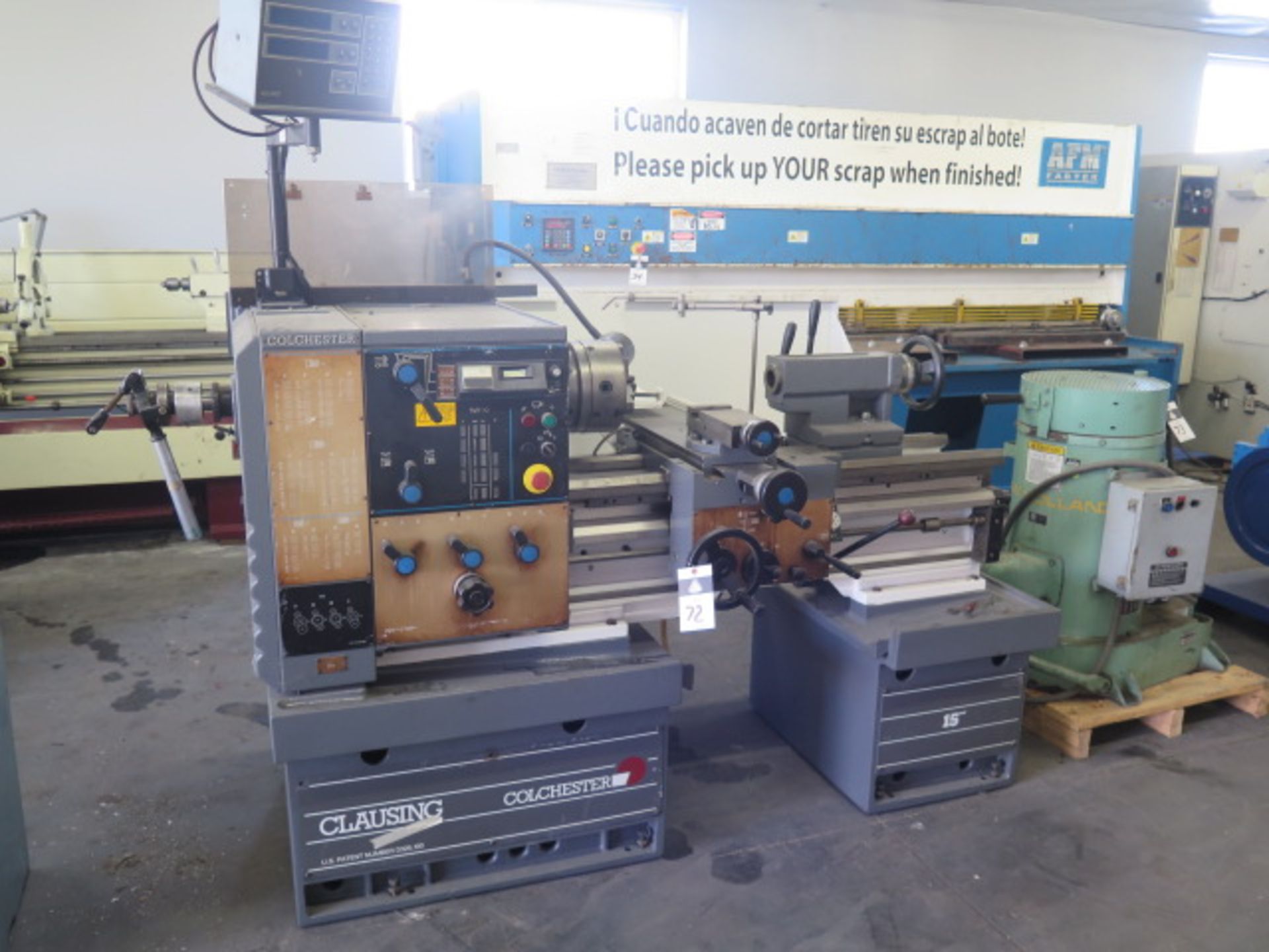 Clausing Colchester 15” x 24” Lathe s/n VT0656-791 w/ Acu-Rite Turn Mate DRO, 15-2500, SOLD AS IS.