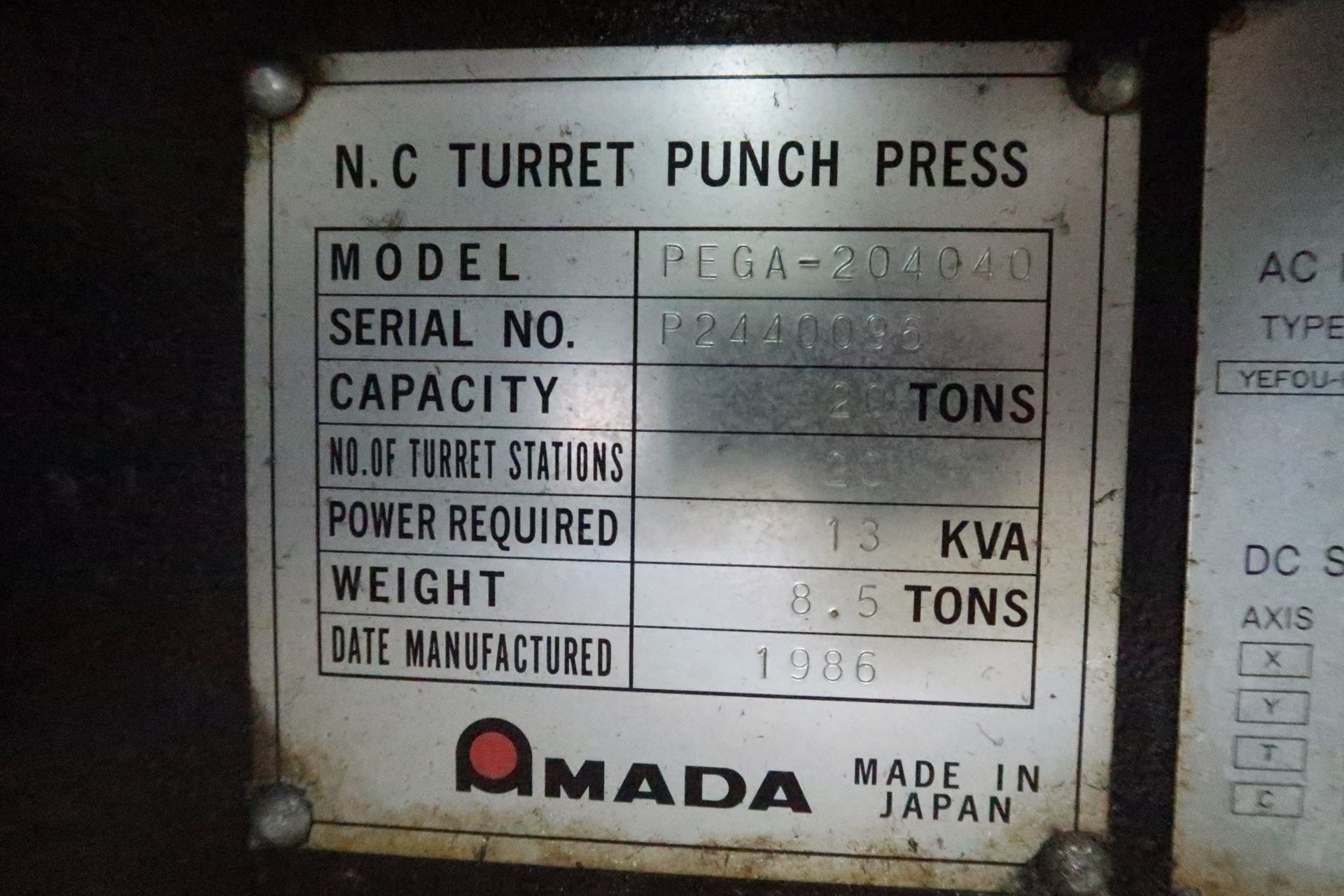 1986 Amada PEGA 244 CNC Punch, Thick turret, 20 stations (2) auto index. This Item is Sold AS IS. - Image 13 of 13