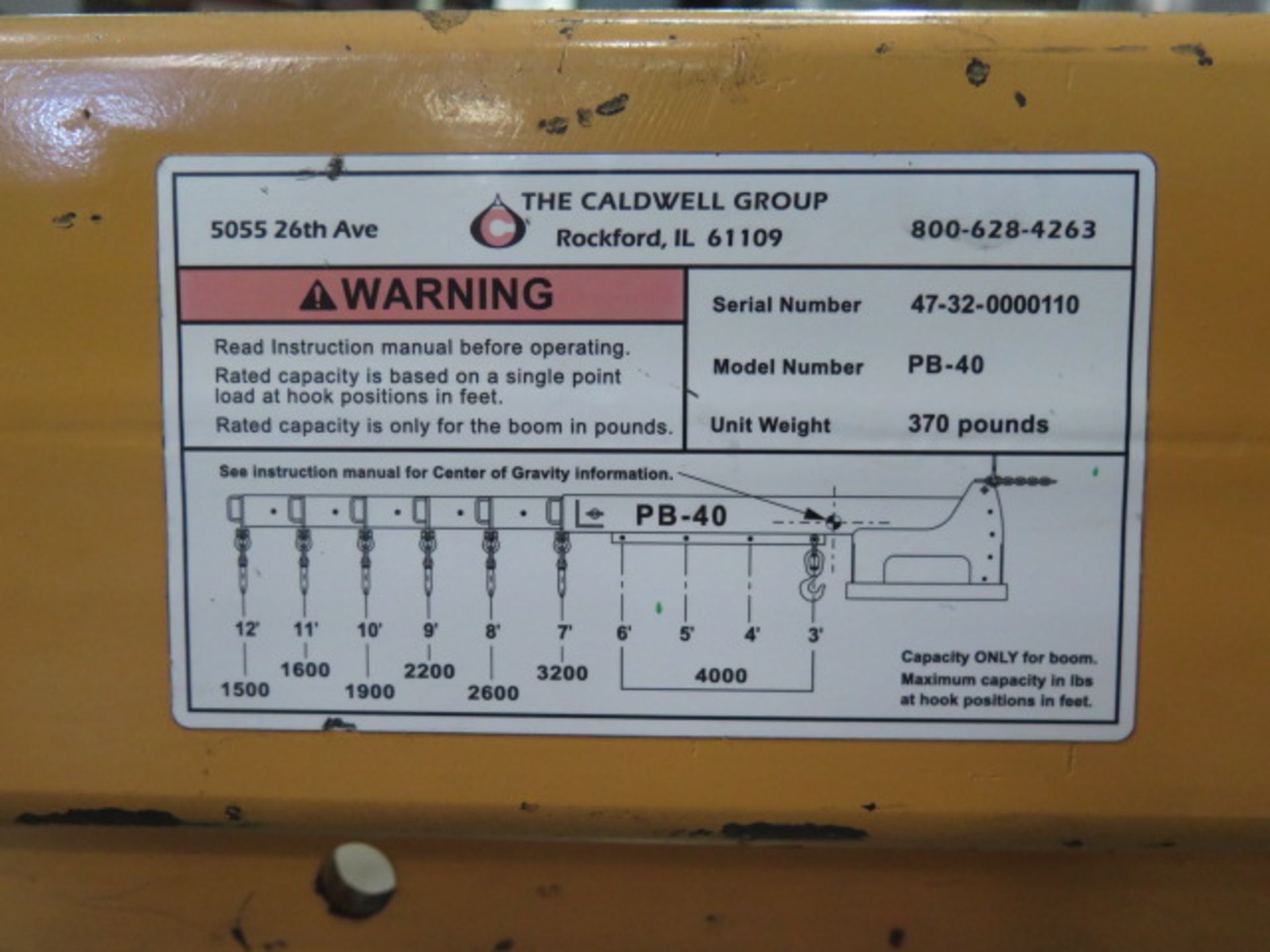 Caldwell PB-40 4000 Lb Forklift Jib Attachment s/n 47-32-0000110, SOLD AS IS WITH NO WARRANTY - Image 6 of 6