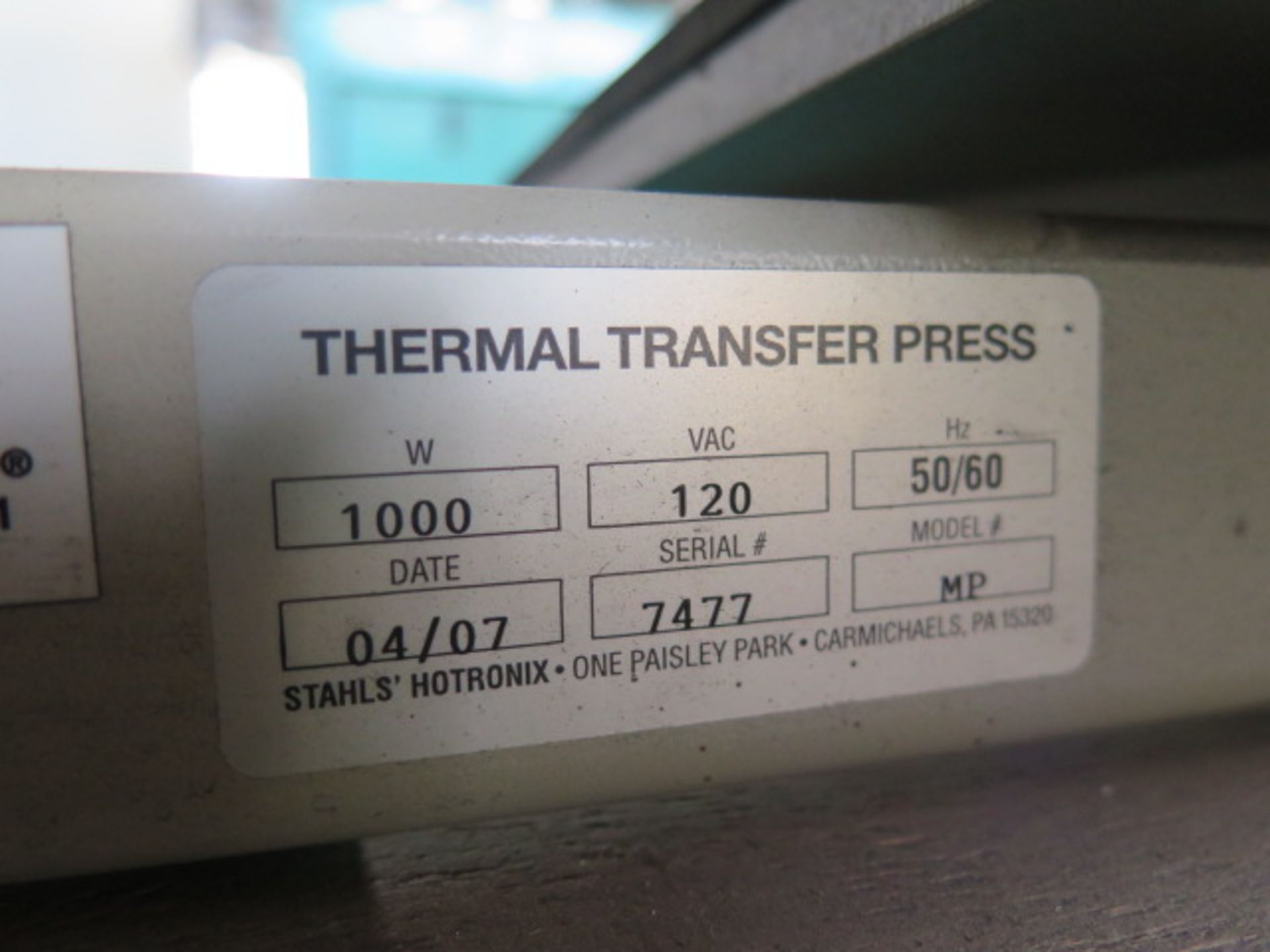 Stahls Hotronix "Mighty Press" 1000 Watt Thermal Transfer Press s/n 7477 (SOLD AS-IS - NO WARRANTY) - Image 5 of 5