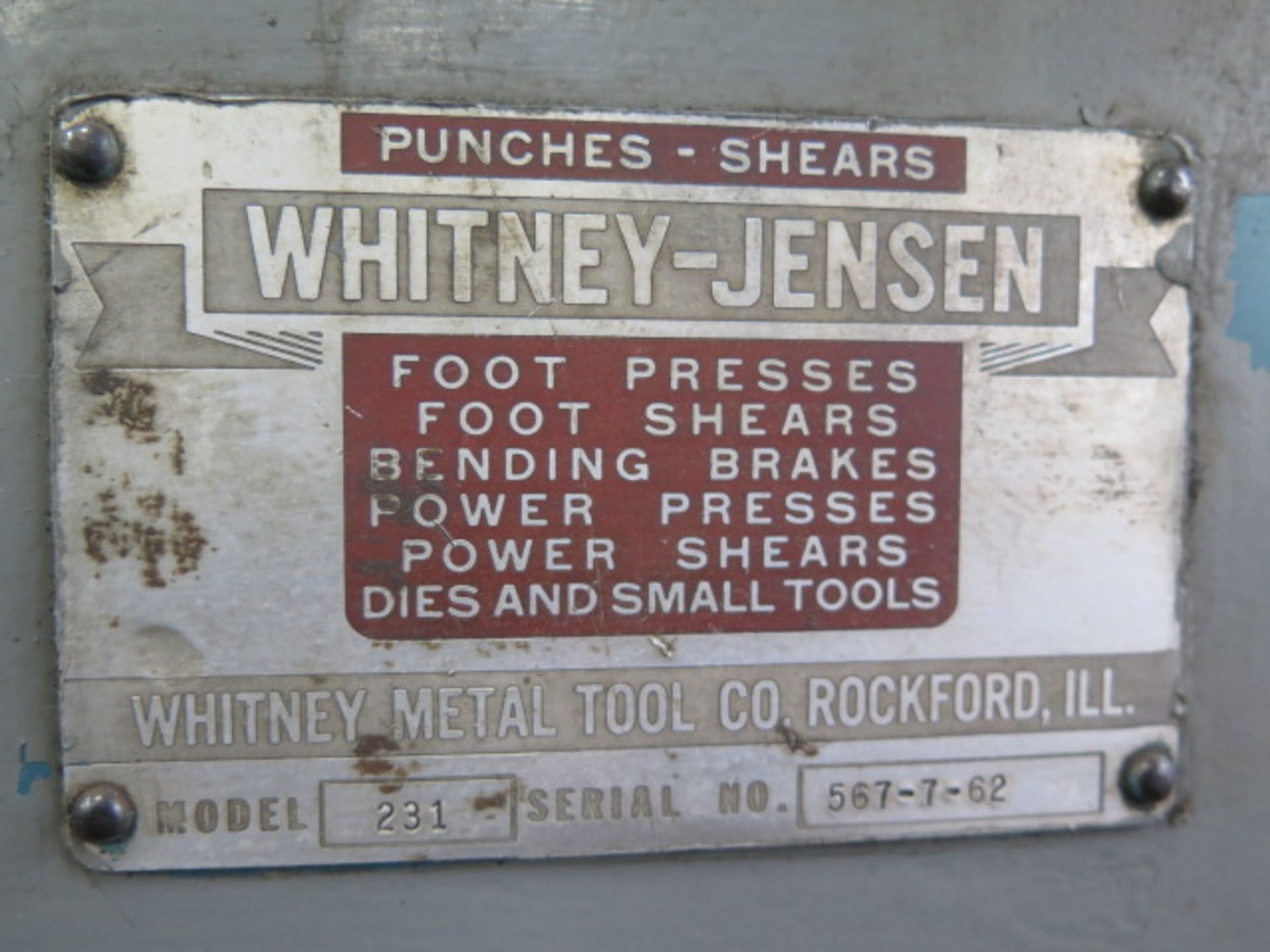 Whitney-Jensen mdl. 231 Punch Press s/n 367-7-62 (FOR PARTS ONLY) (SOLD AS-IS - NO WARRANTY - Image 6 of 6