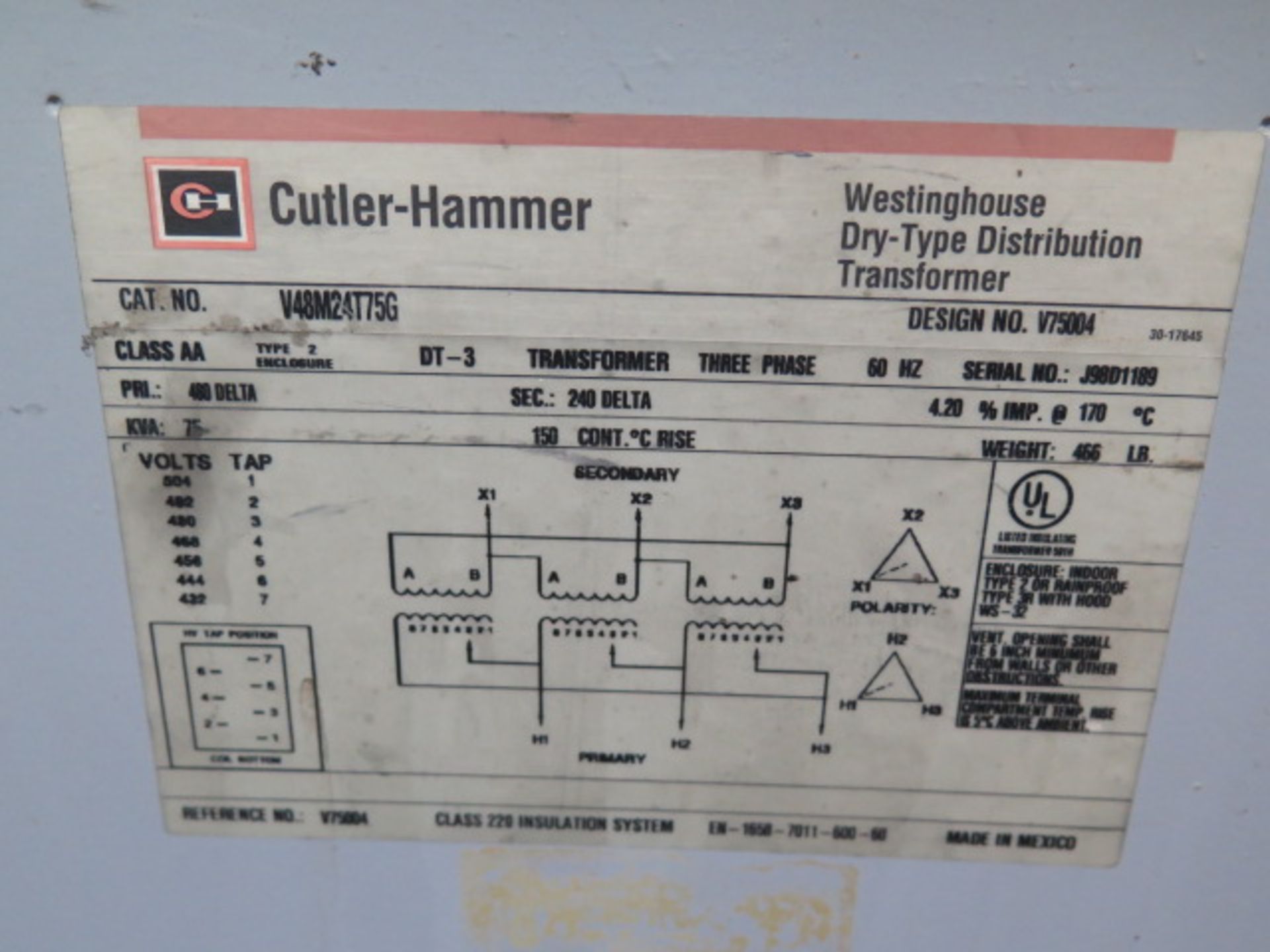 75kVA Transformer 480/240 and 45kVA Transformer 480/240 (SOLD AS-IS - NO WARRANTY) - Image 3 of 5