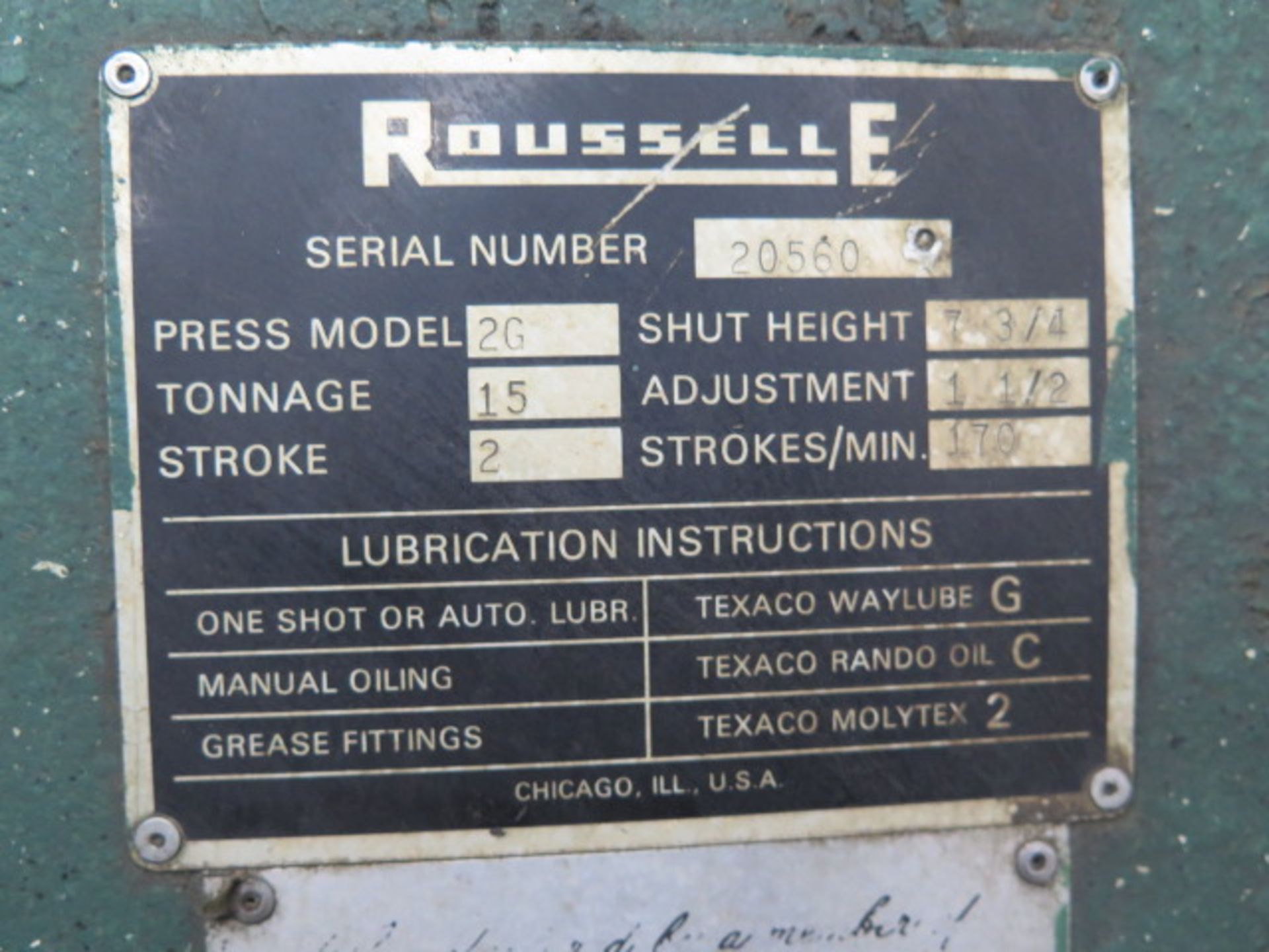 Rousselle 2G 15 Ton Straight Side Press s/n 20560 w/ 170 Strokes/Min, SOLD AS IS AND PARTS ONLY - Image 8 of 8