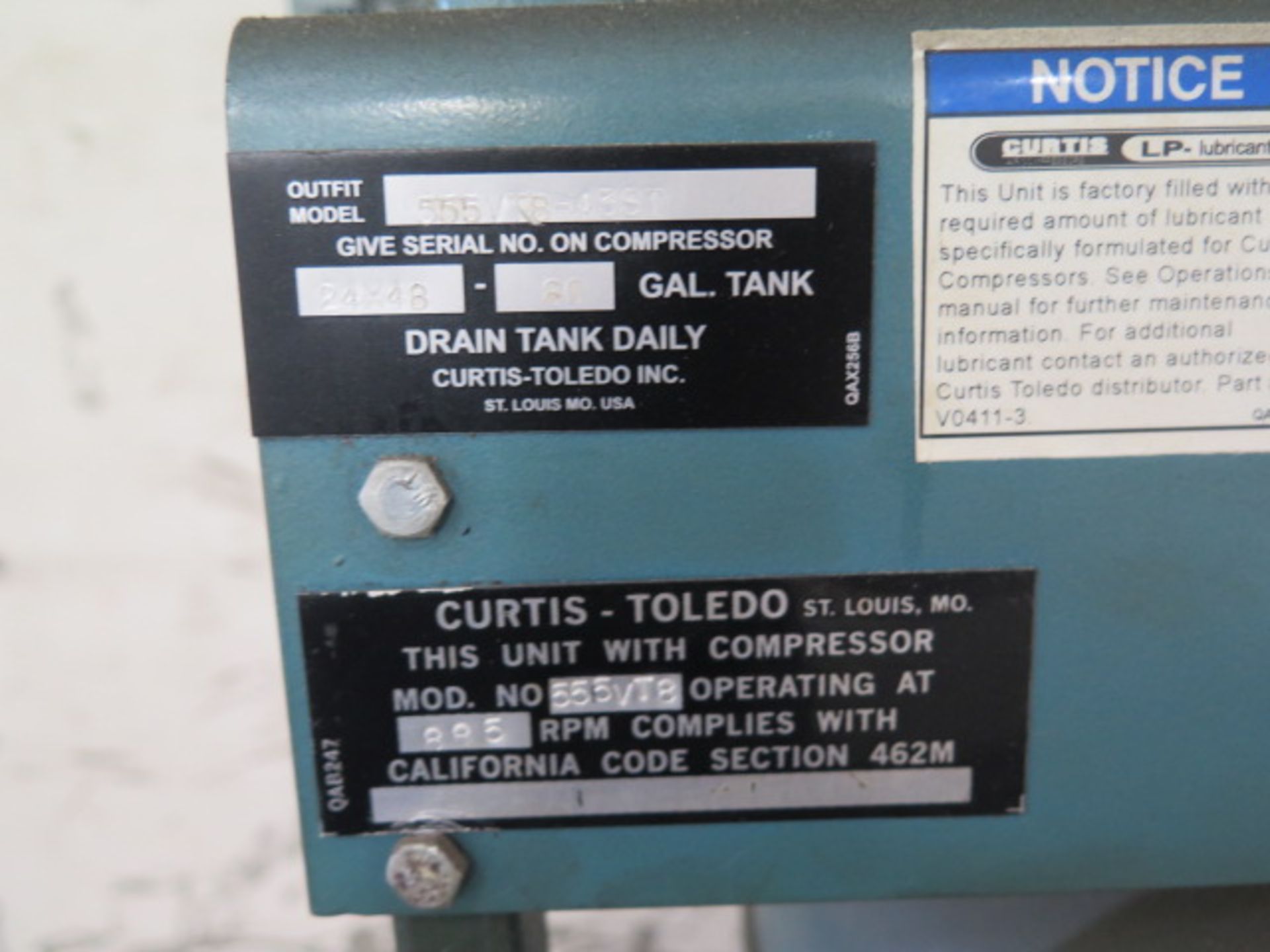 Curtis 5Hp Vertical Air Compressor w/ 80 Gallon Tank (SOLD AS-IS - NO WARRANTY) - Image 5 of 5