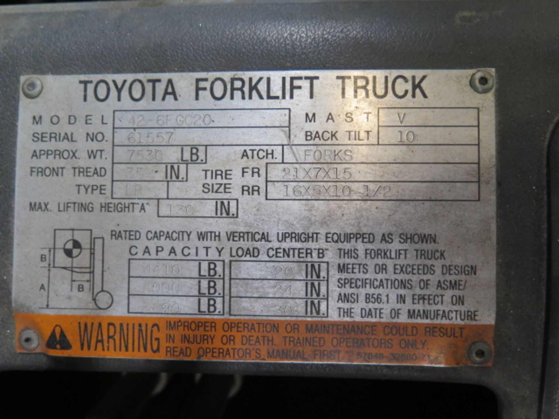 Toyota 42-6FGC20 4400 Lb Cap LPG Forklift s/n 61557 w/ 2-Stage Mast, 130” Lift Height, SOLD AS IS - Image 13 of 13