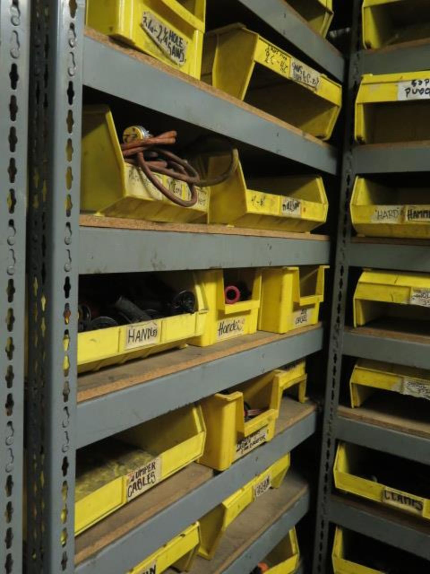 Storage Room w/ Bar Clamps, Hammers, Straps, Concrete Tools, Abrasives, Bins and Shelving (SOLD AS- - Image 6 of 29