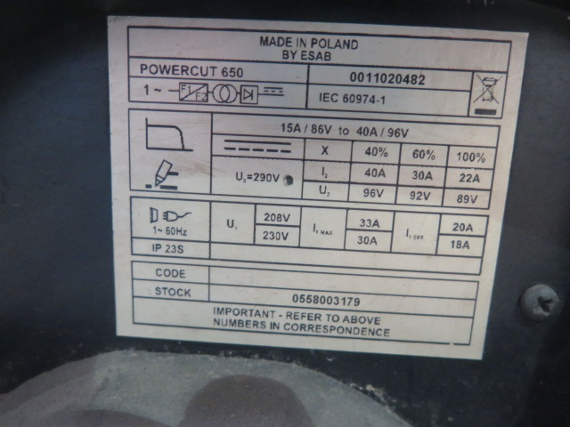 Esab Powercut 650 Plasma Cutting Power Source s/n 0011020482 w/ Cart (SOLD AS-IS - NO WARRANTY) - Image 7 of 7