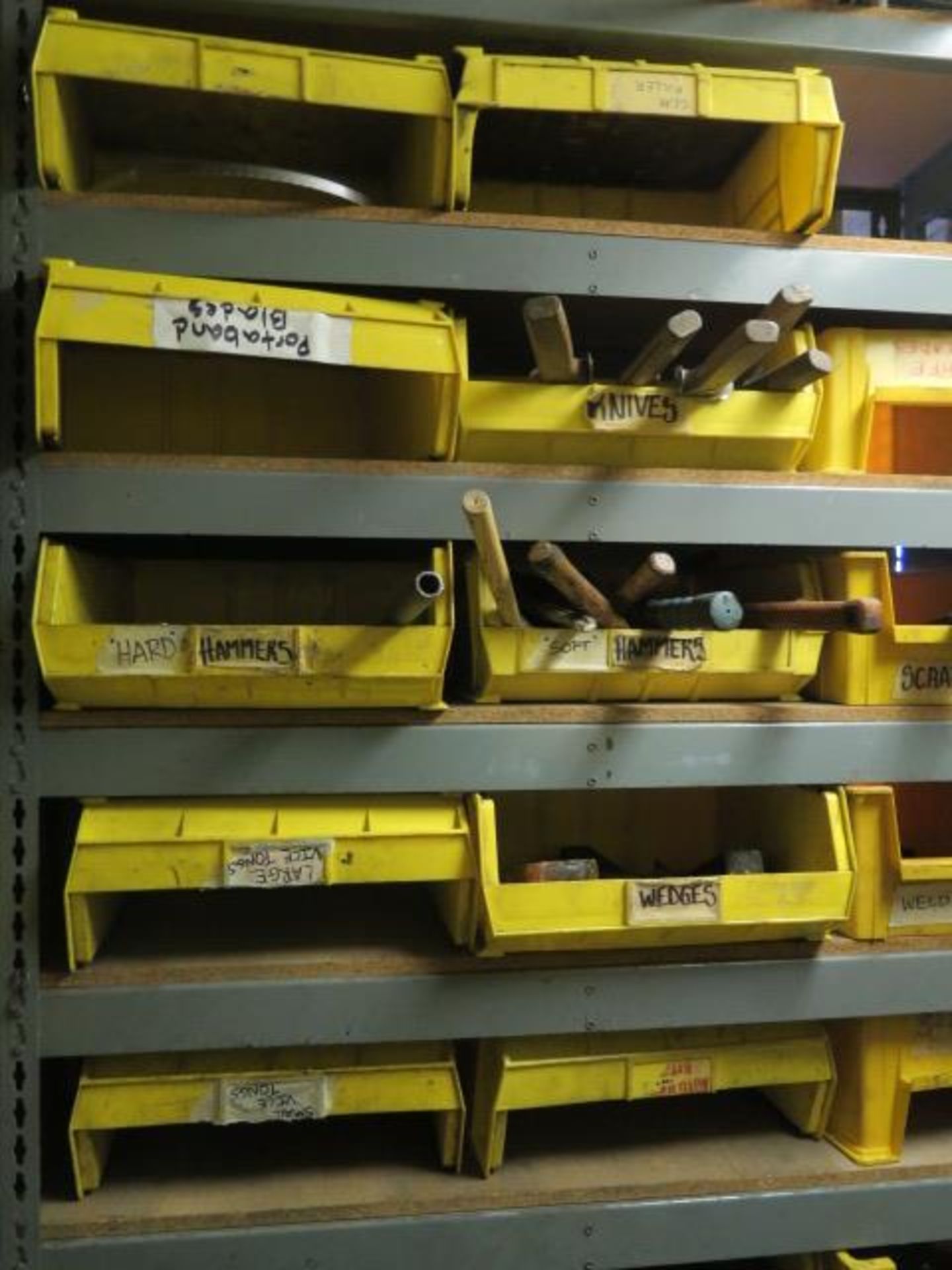 Storage Room w/ Bar Clamps, Hammers, Straps, Concrete Tools, Abrasives, Bins and Shelving (SOLD AS- - Image 8 of 29