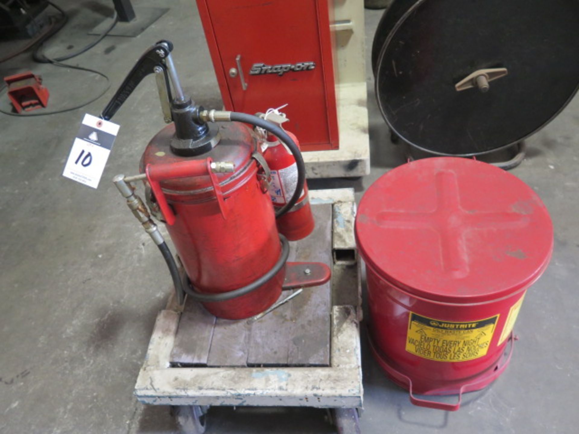 Grease Pump, Safety Rag Can and Fire Extinguisher (SOLD AS-IS - NO WARRANTY)