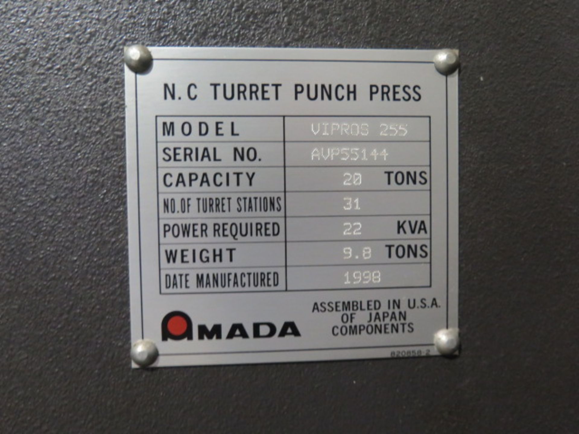 1998 Amada VIPROS 255 20 Ton - 31-Station CNC Turret Punch s/n AVP55144 w/ Fanuc 18-P, SOLD AS IS - Image 17 of 17