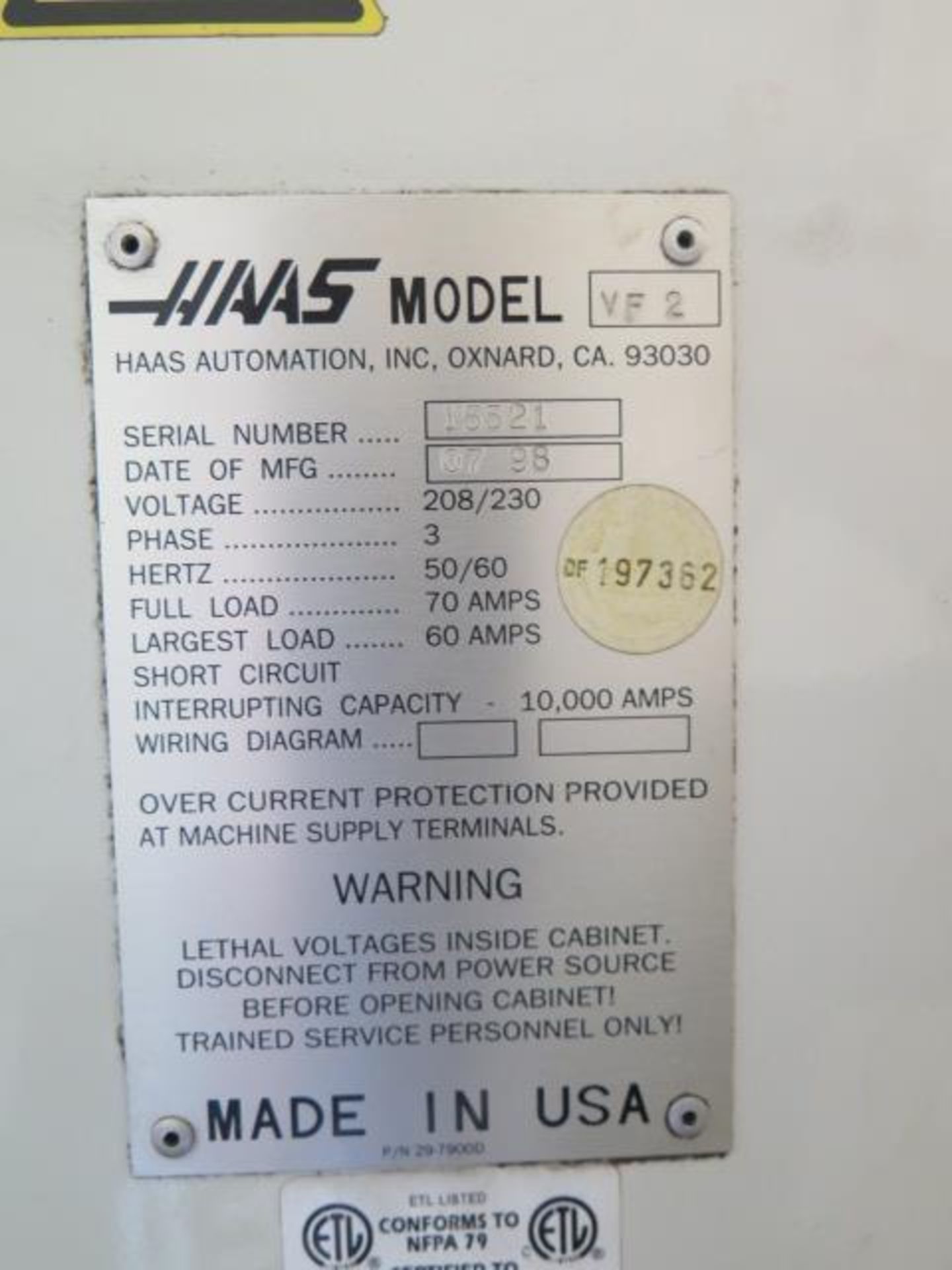 1998 VF-2 4-Axis CNC Vertical Machining Center s/n 15521 w/ Haas Controls, Hand Wheel, (SOLD AS IS) - Image 20 of 20