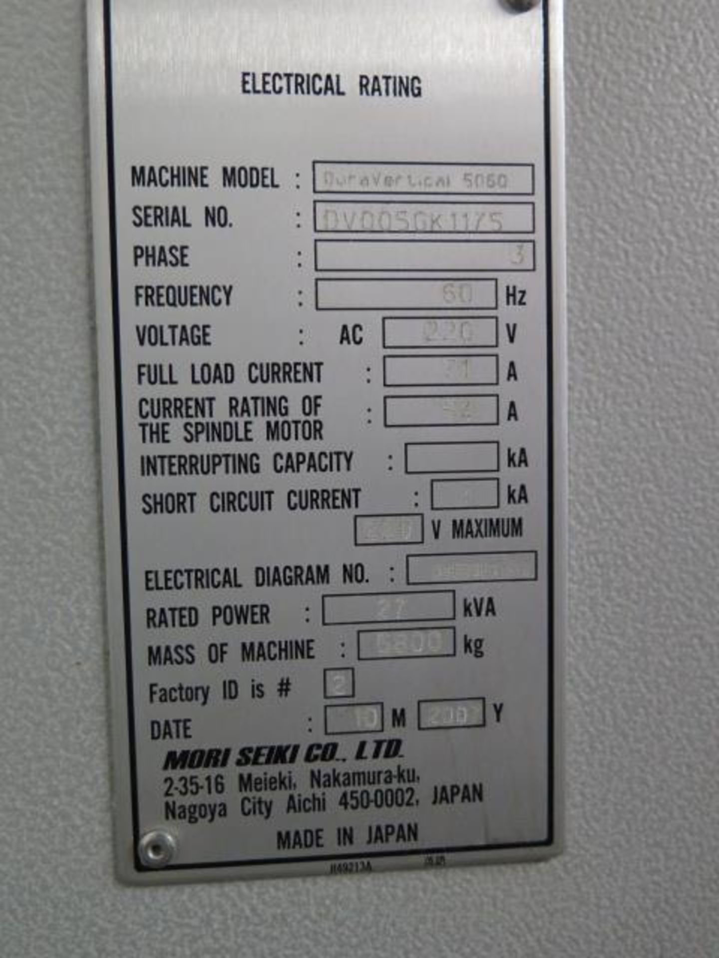 2007 Mori Seiki “DuraVertical 5060” CNC Vertical Machining Center s/n DV005GK1175 SOLD AS IS - Image 22 of 22