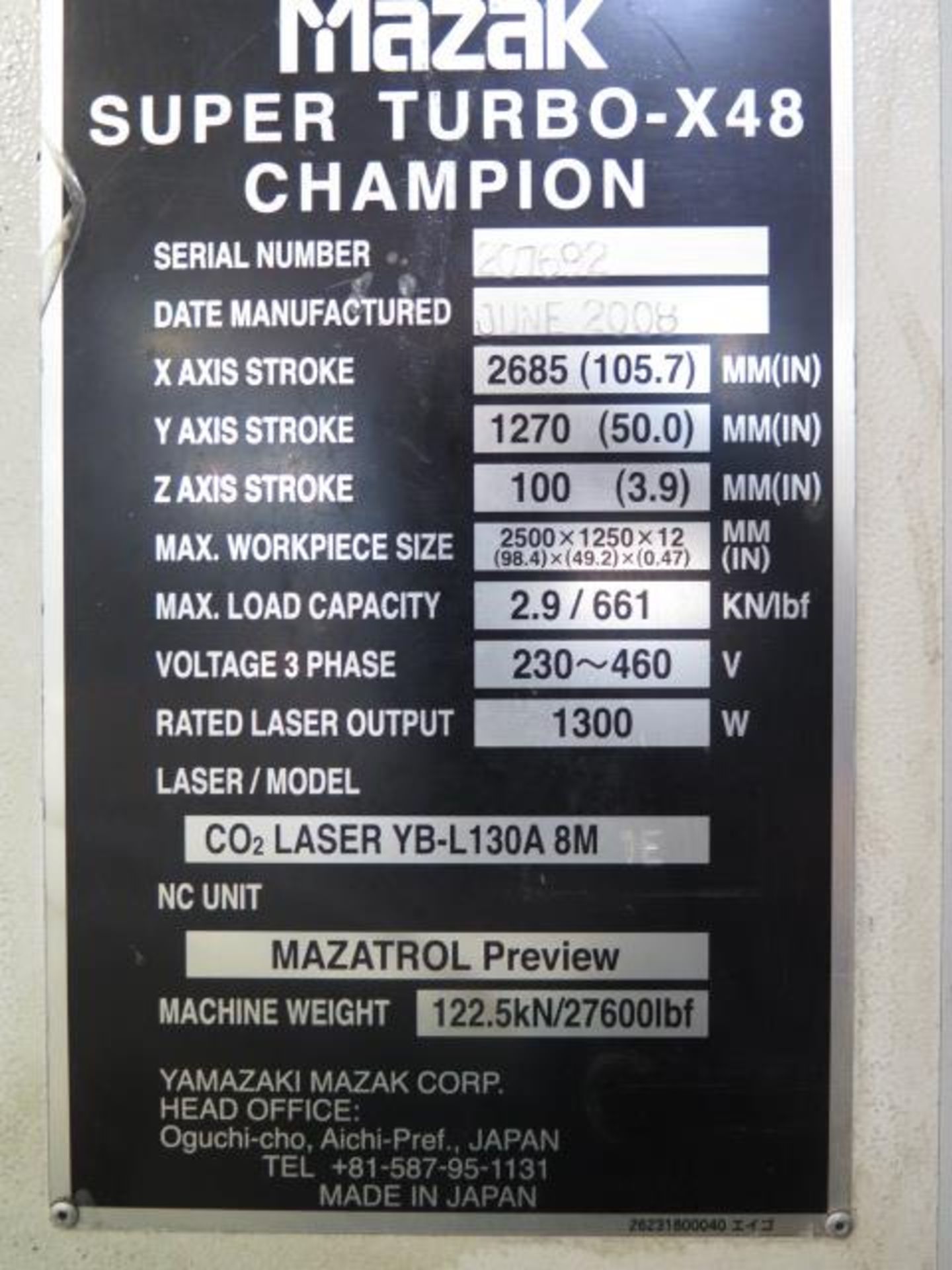 2008 Mazak “Super Turbo – X48 Champion” 1300 Watt 4’ x 8’ CNC Laser Machine s/n 207692, SOLD AS IS - Image 11 of 32