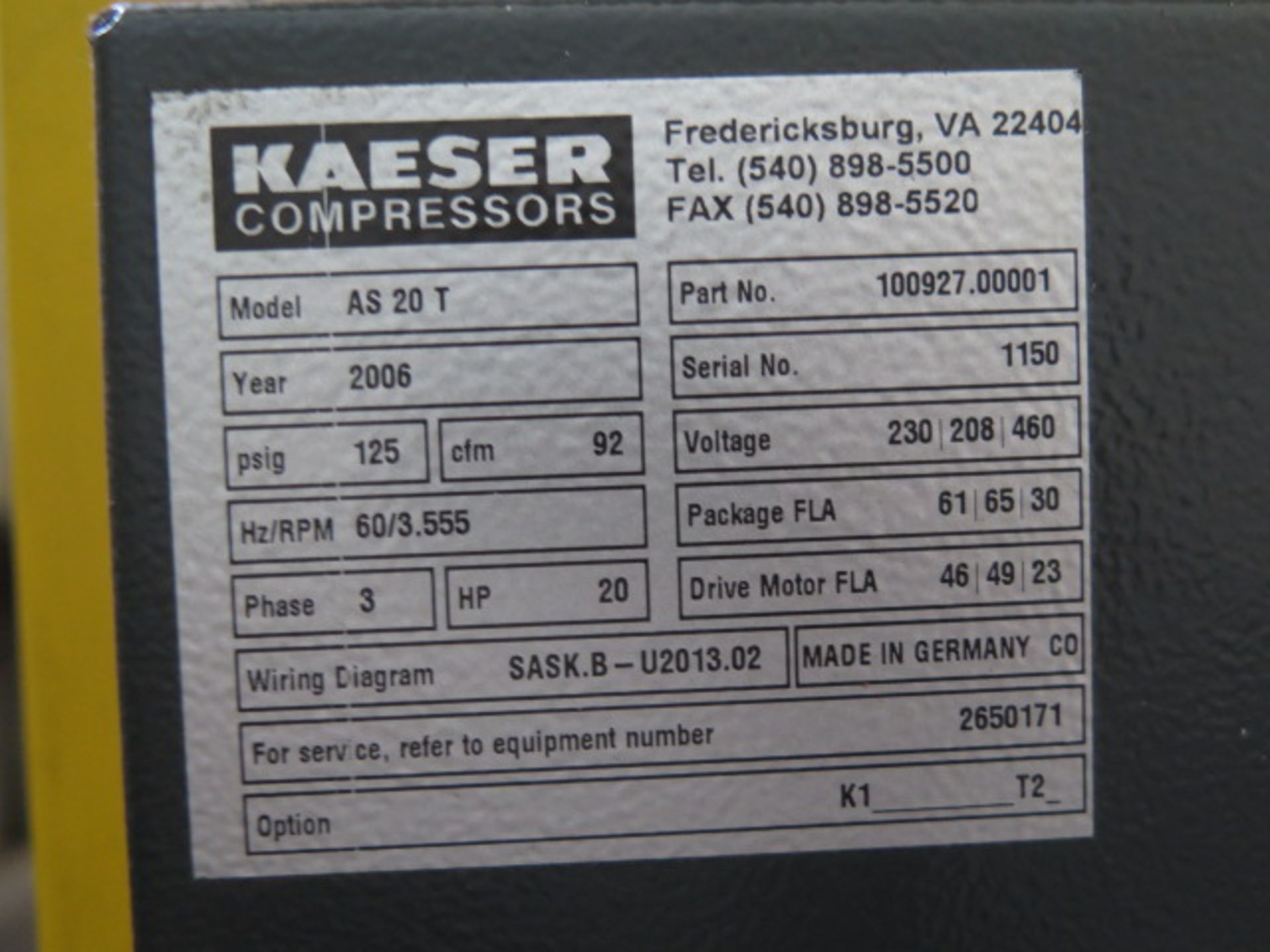 2006 Kaeser AS20T 20Hp Rotary Air Compressor s/n 1152 w/ Sigma Digital Controls, SOLD AS IS - Image 9 of 9