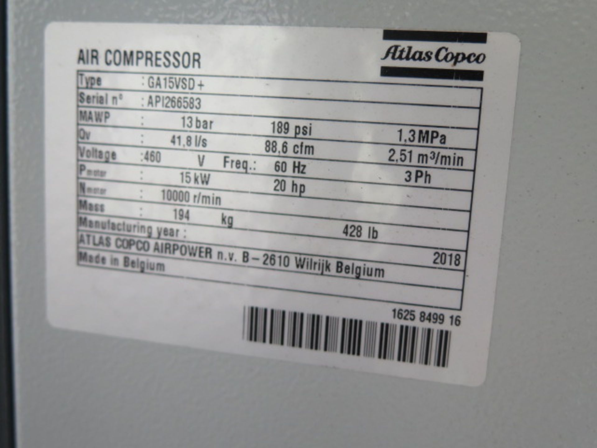 2019 Atlas Copco GA15VDS+ 20Hp Rotary Air Compressor s/n AP1266583 w/ Digital Controls, SOLD AS IS - Image 5 of 9