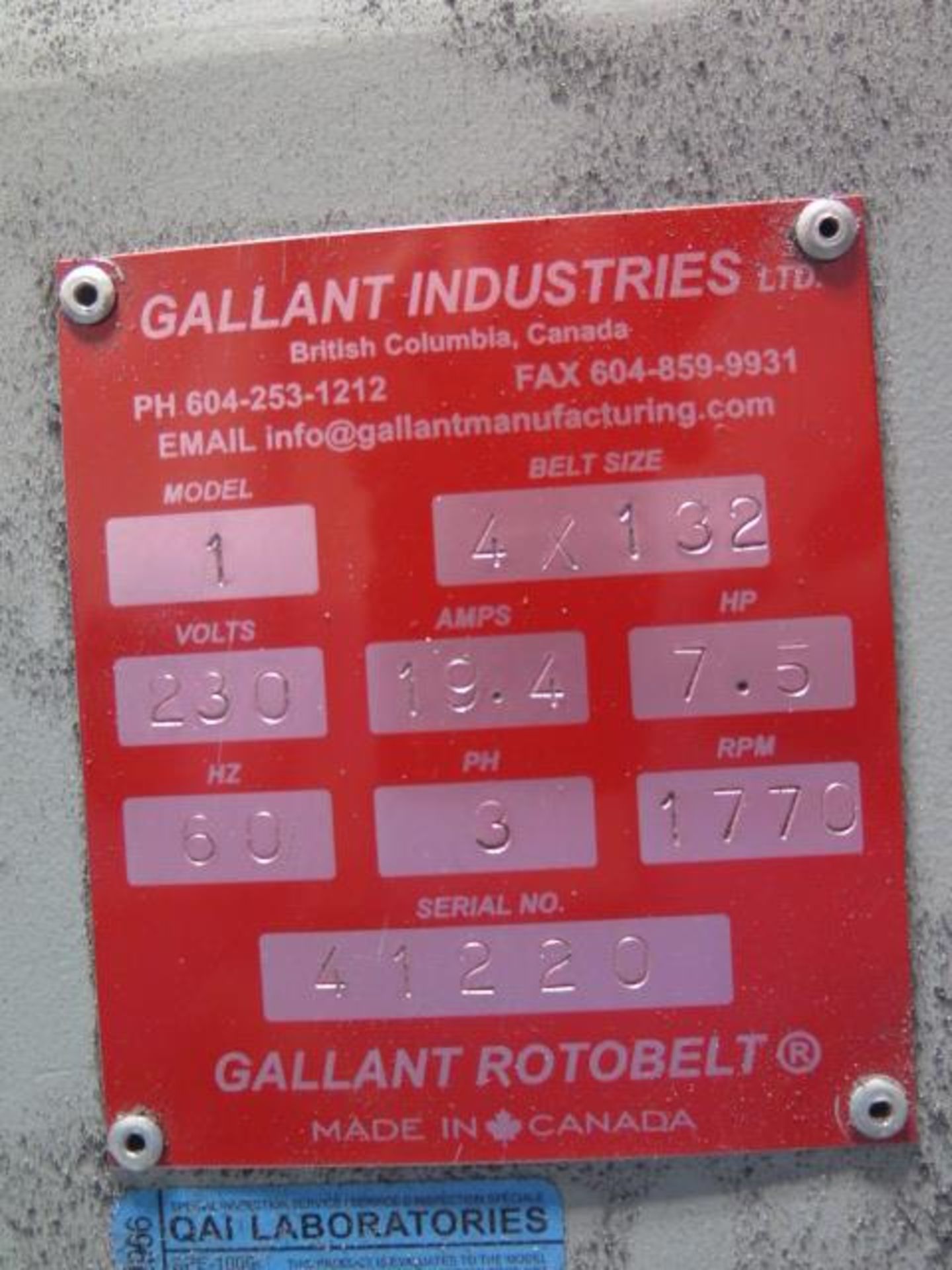 Gallant "Rotobelt" mdl. 1 Dual 4" Belt Sander s/n 41220 (SOLD AS-IS - NO WARRANTY) - Image 10 of 10