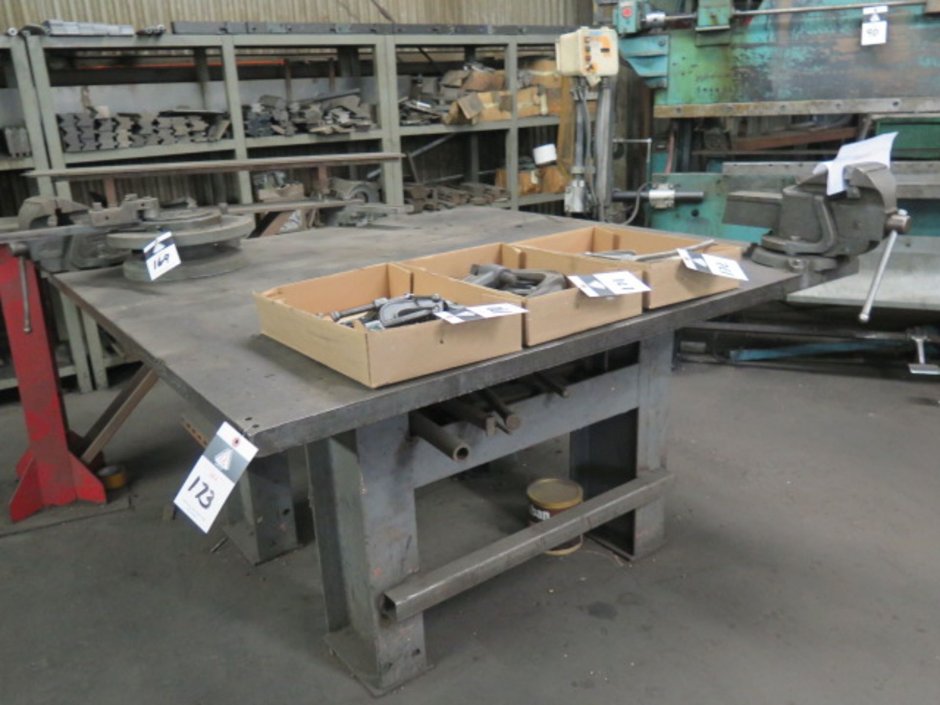 60" x 60" x 1 1/2" Steel Table w/ Bench Vise (SOLD AS-IS - N0 WARRANTY)