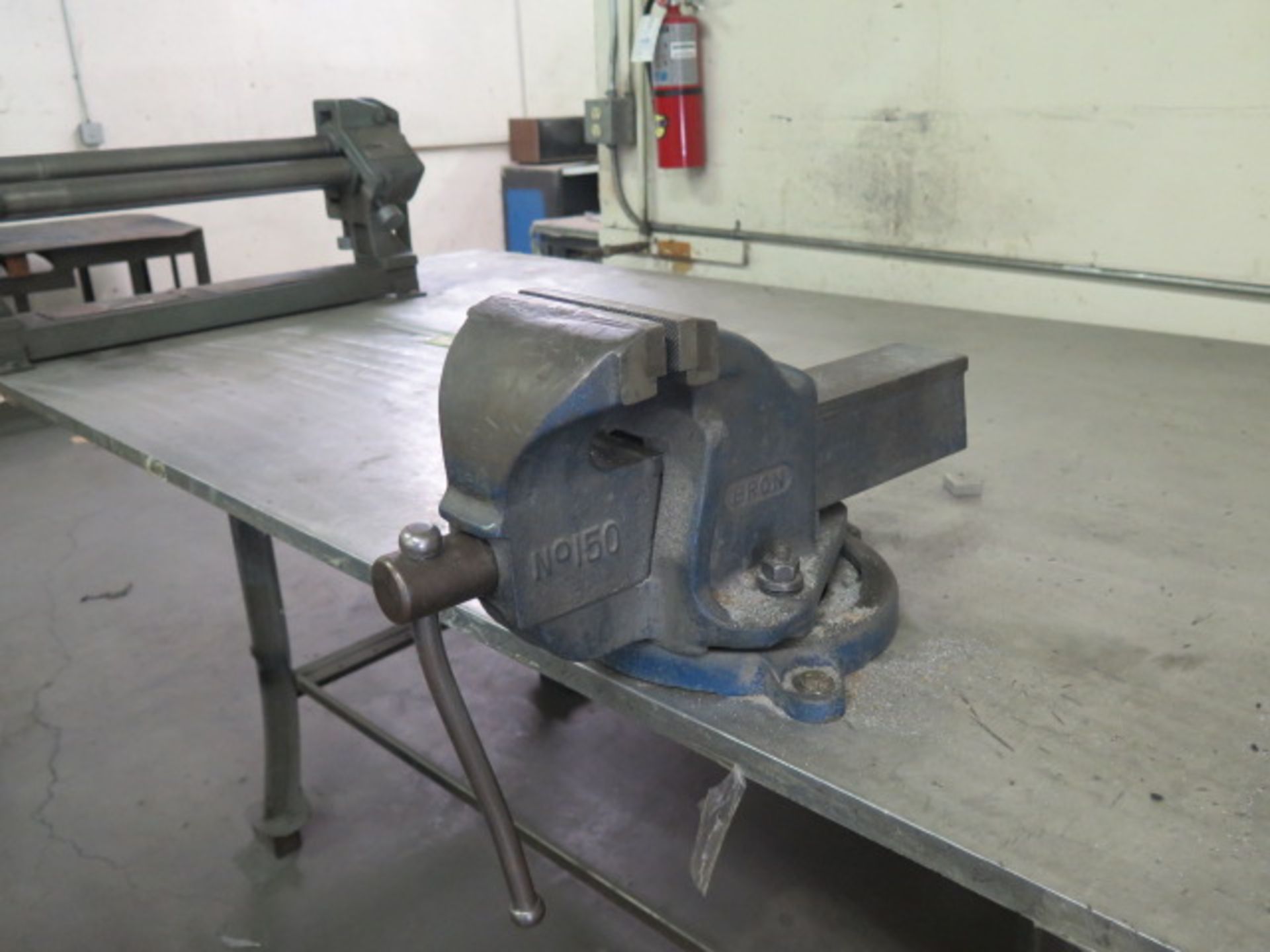 Pexto mdl. 383D 36" Hand Roll w/ 2" Rolls, Eron 6" Bench Vise w/ 48" x 80" x 3/4" Table, SOLD AS IS - Image 7 of 9