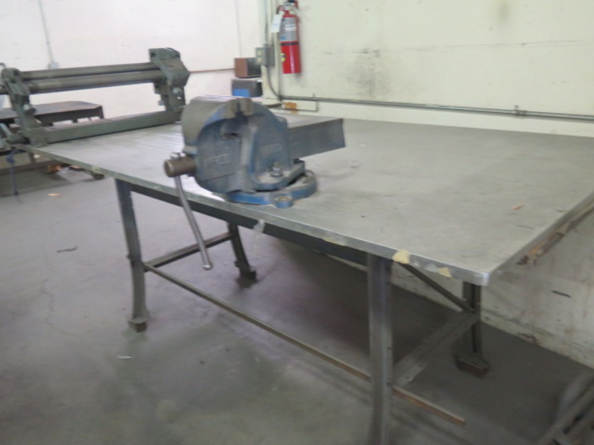 Pexto mdl. 383D 36" Hand Roll w/ 2" Rolls, Eron 6" Bench Vise w/ 48" x 80" x 3/4" Table, SOLD AS IS - Image 8 of 9