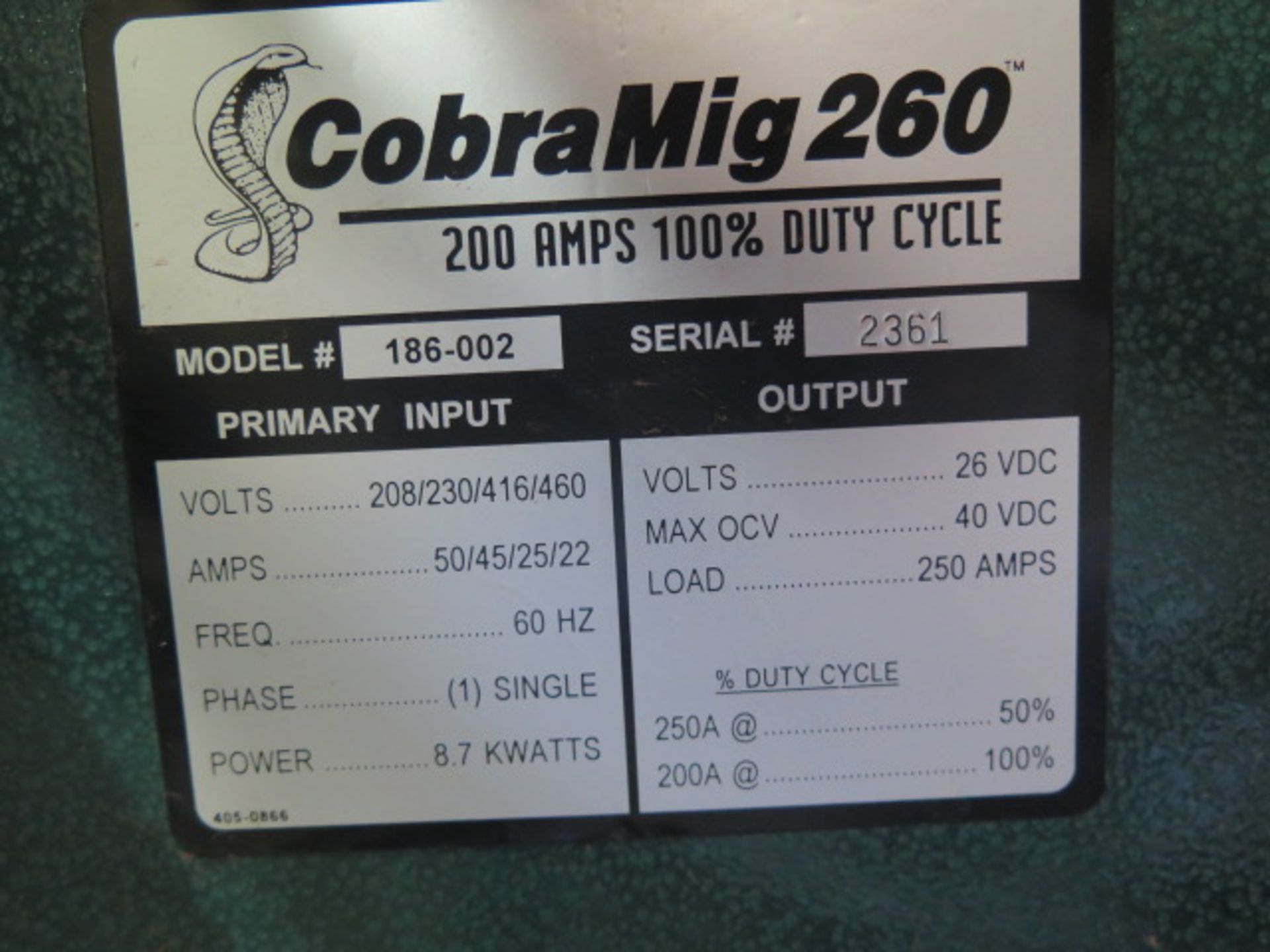 MK Cobramatic CobraMIG-260 CCV MIG Welding Power Source s/n 2361 (SOLD AS-IS - NO WARRANTY) - Image 8 of 8