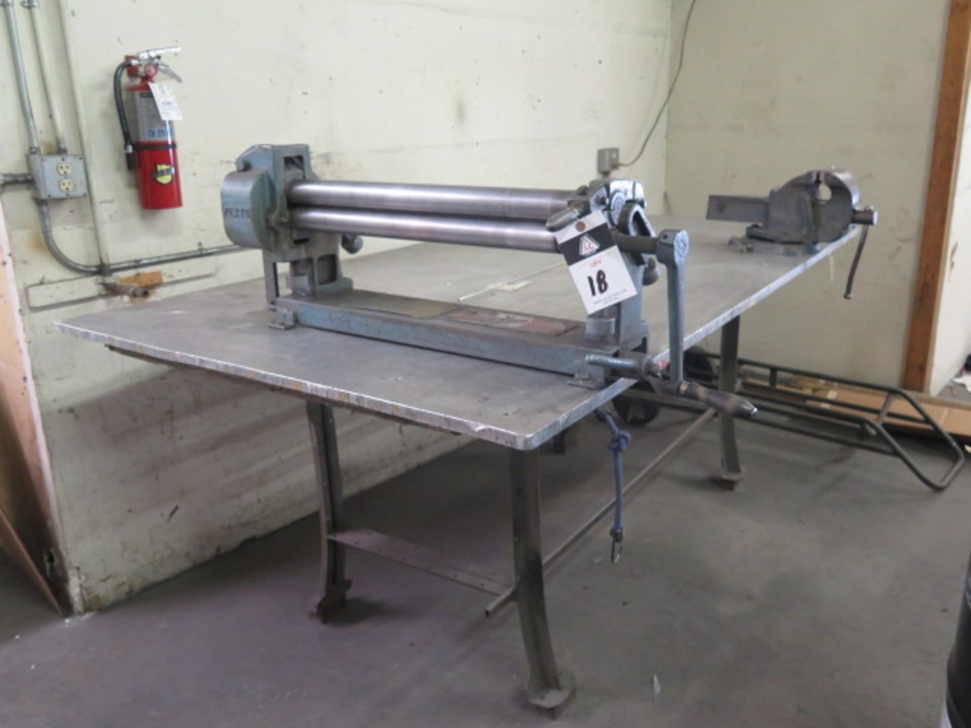 Pexto mdl. 383D 36" Hand Roll w/ 2" Rolls, Eron 6" Bench Vise w/ 48" x 80" x 3/4" Table, SOLD AS IS