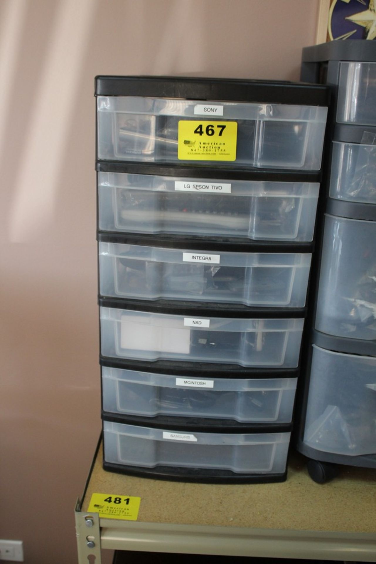 SIX DRAWER PLASTIC PARTS BIN WITH CONTENTS