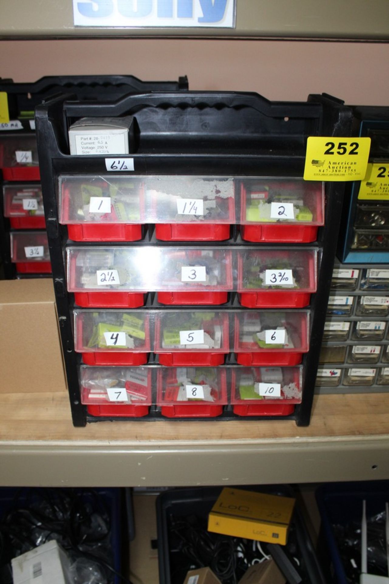 PARTS CABINET, 12-BIN WITH LARGE ASSORTMENT OF FUSES