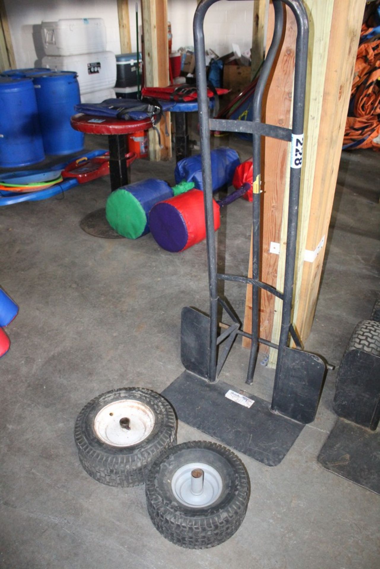 MILWAUKEE DOLLY FRAME WITH TWO ASSORTED WHEELS (NEEDS REPAIR)